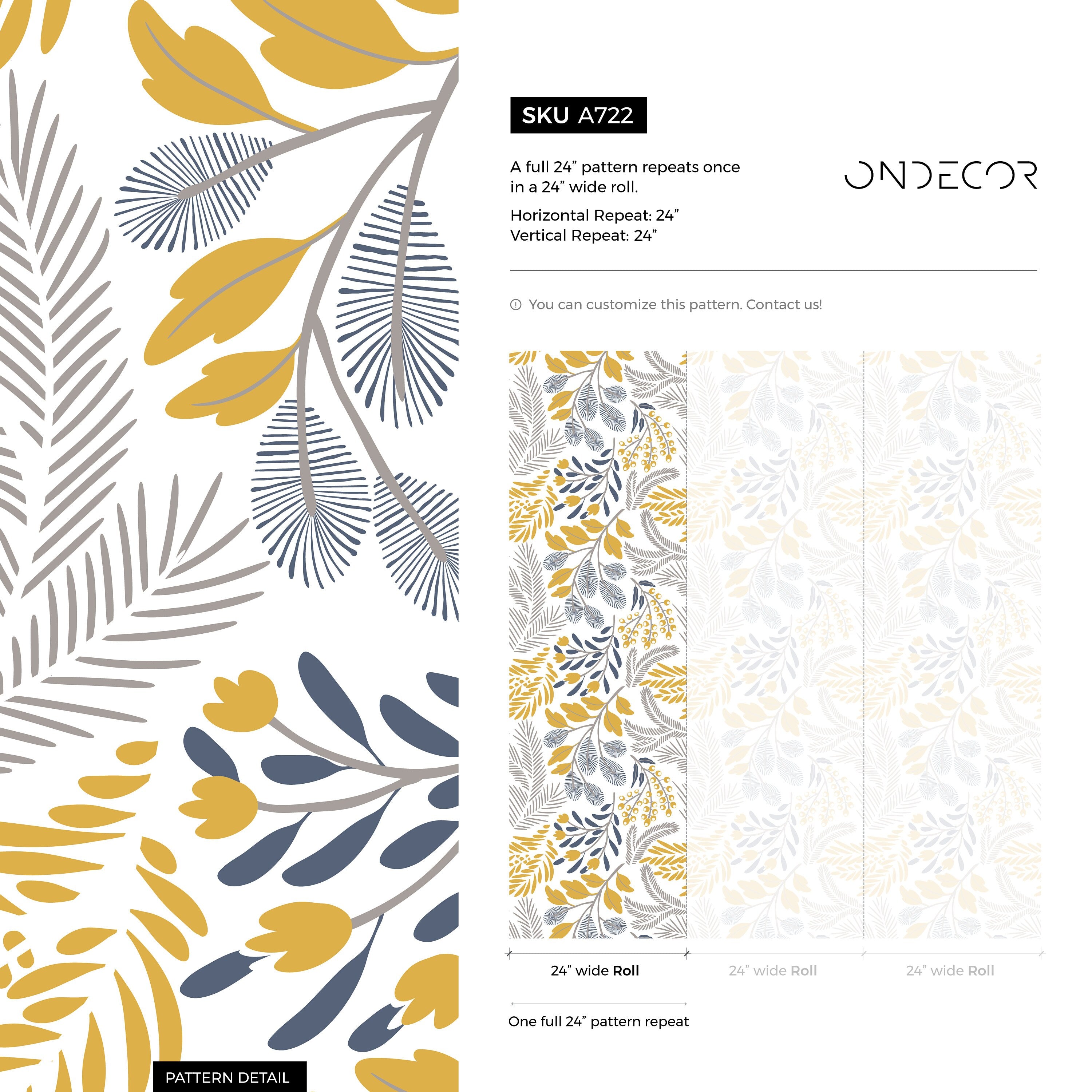 Botanical Wallpaper With Stylized Ferns And Leaves In Yellow, Blue, And Gray - A722