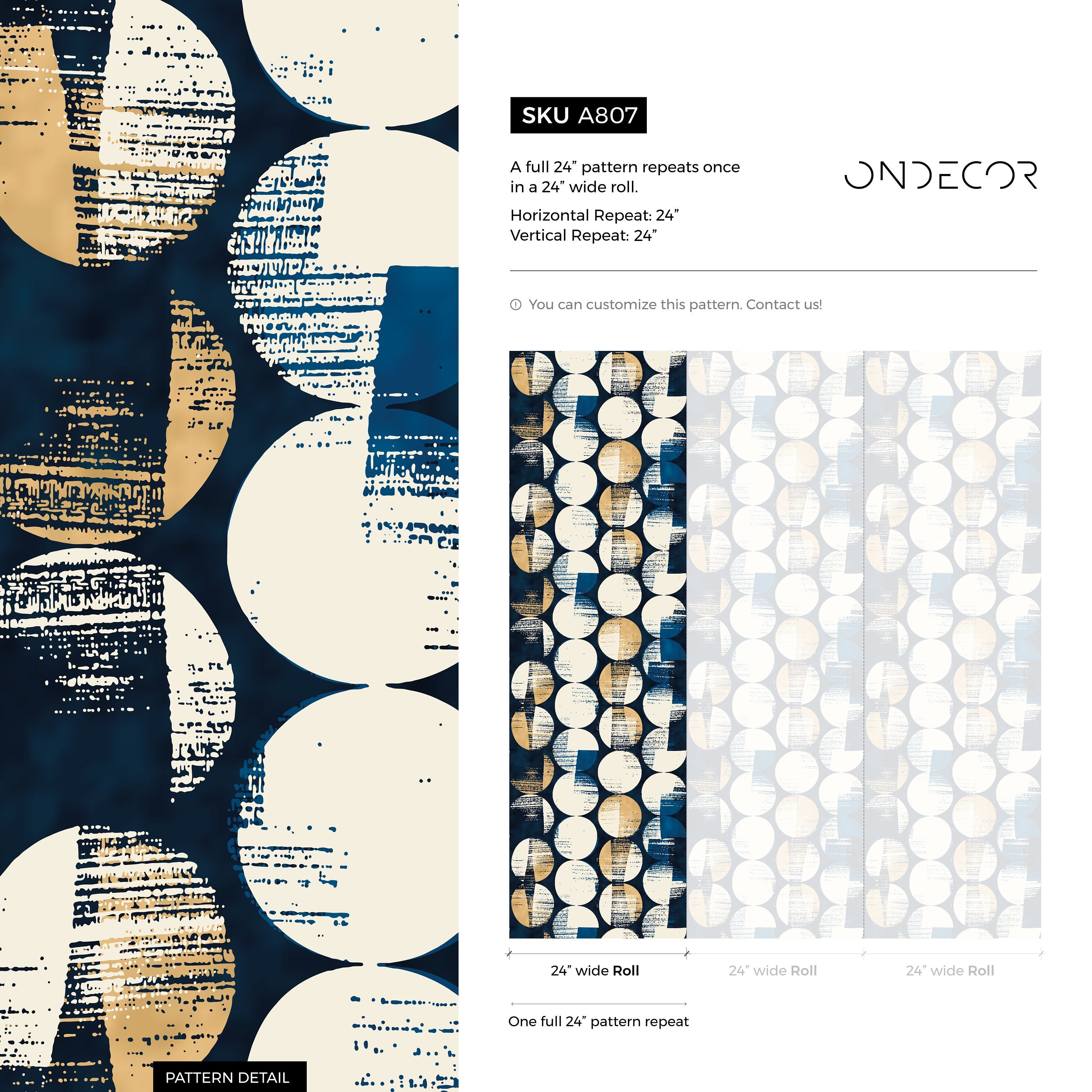 Geometric Wallpaper With Distressed Circle Motifs In Blue, Gold, And Beige - A807