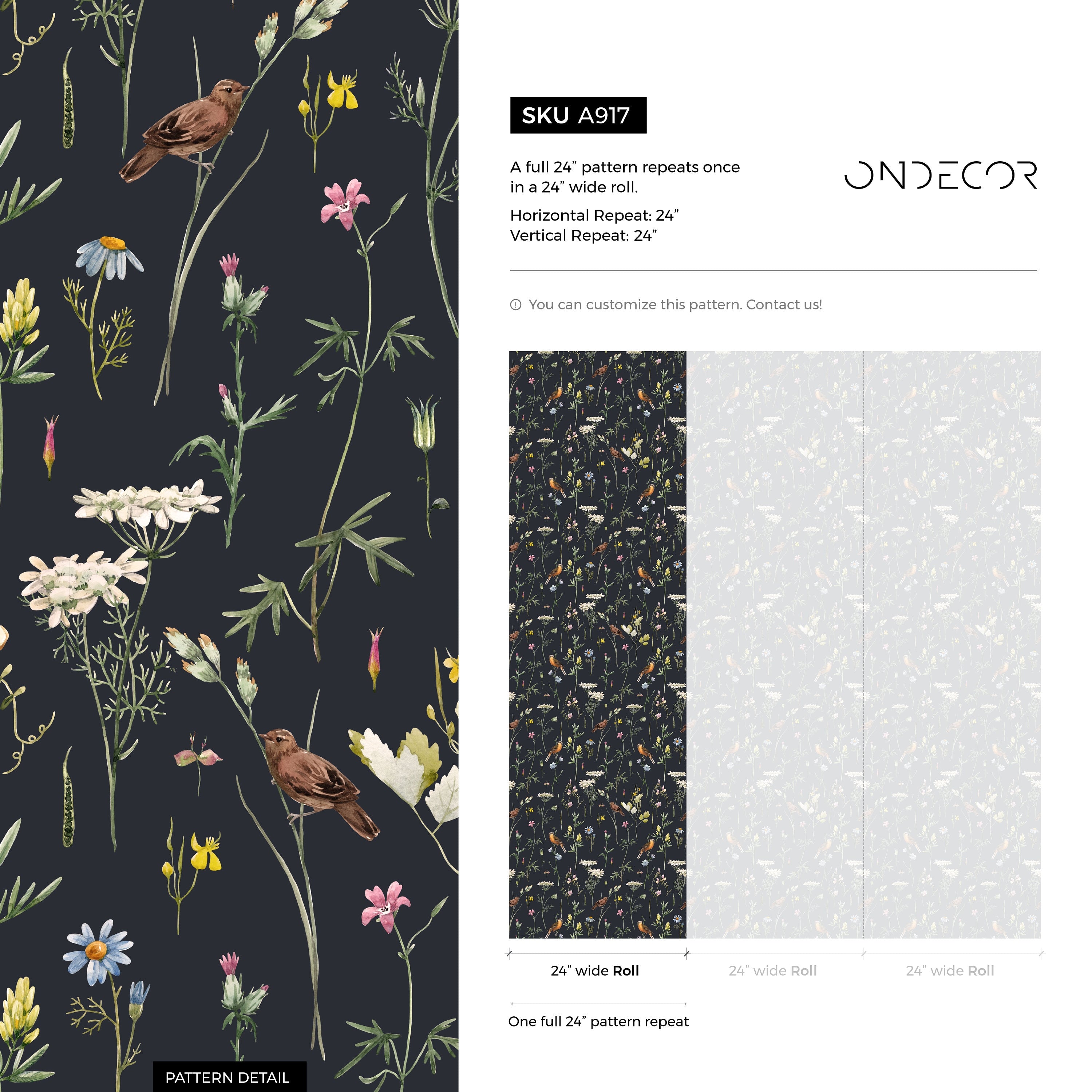 Chinoiserie Wallpaper With A Wildflower And Bird Motif In Black, White, And Yellow - A917