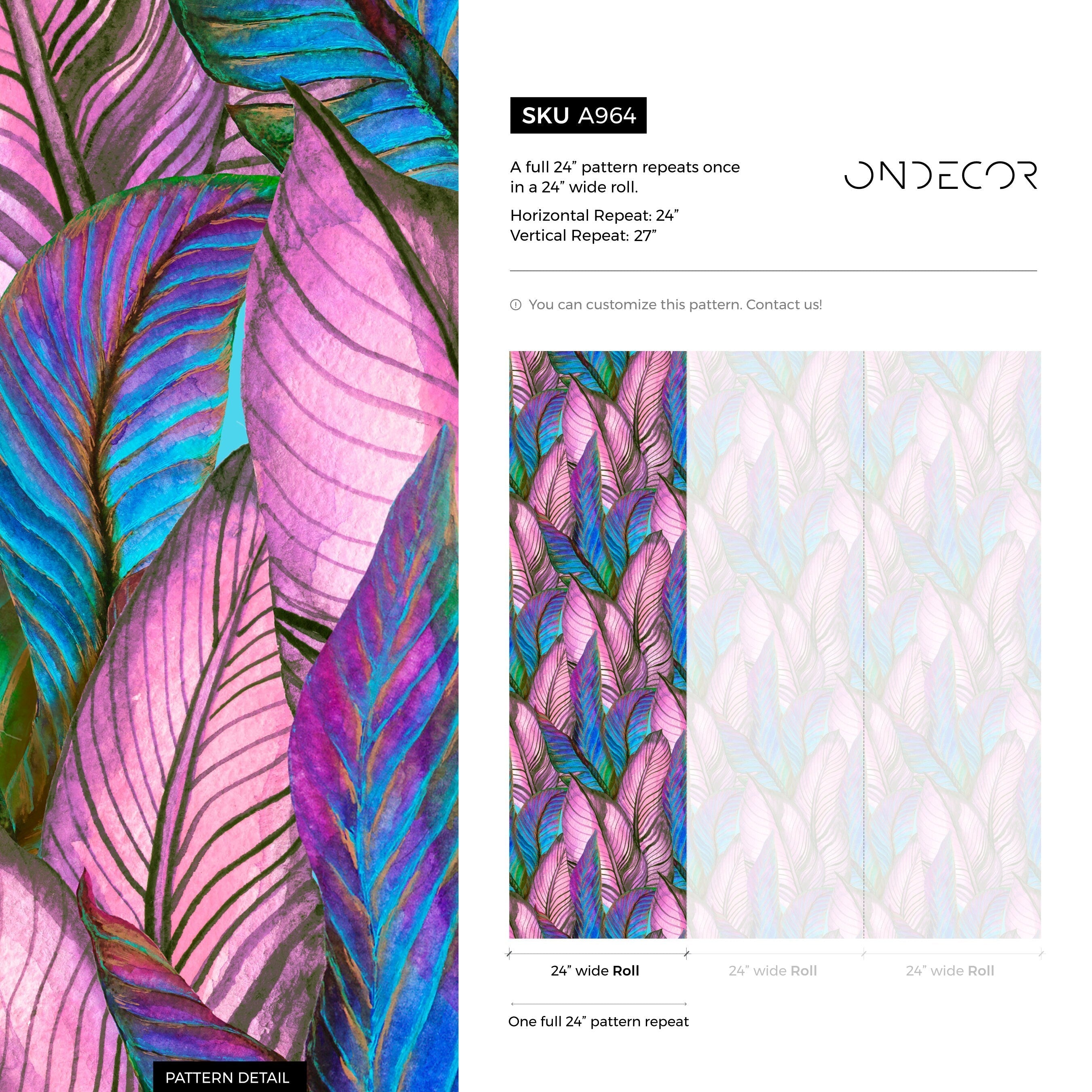 Botanical Wallpaper With A Tropical Leaf Motif In Purple, Blue, And Pink - A964