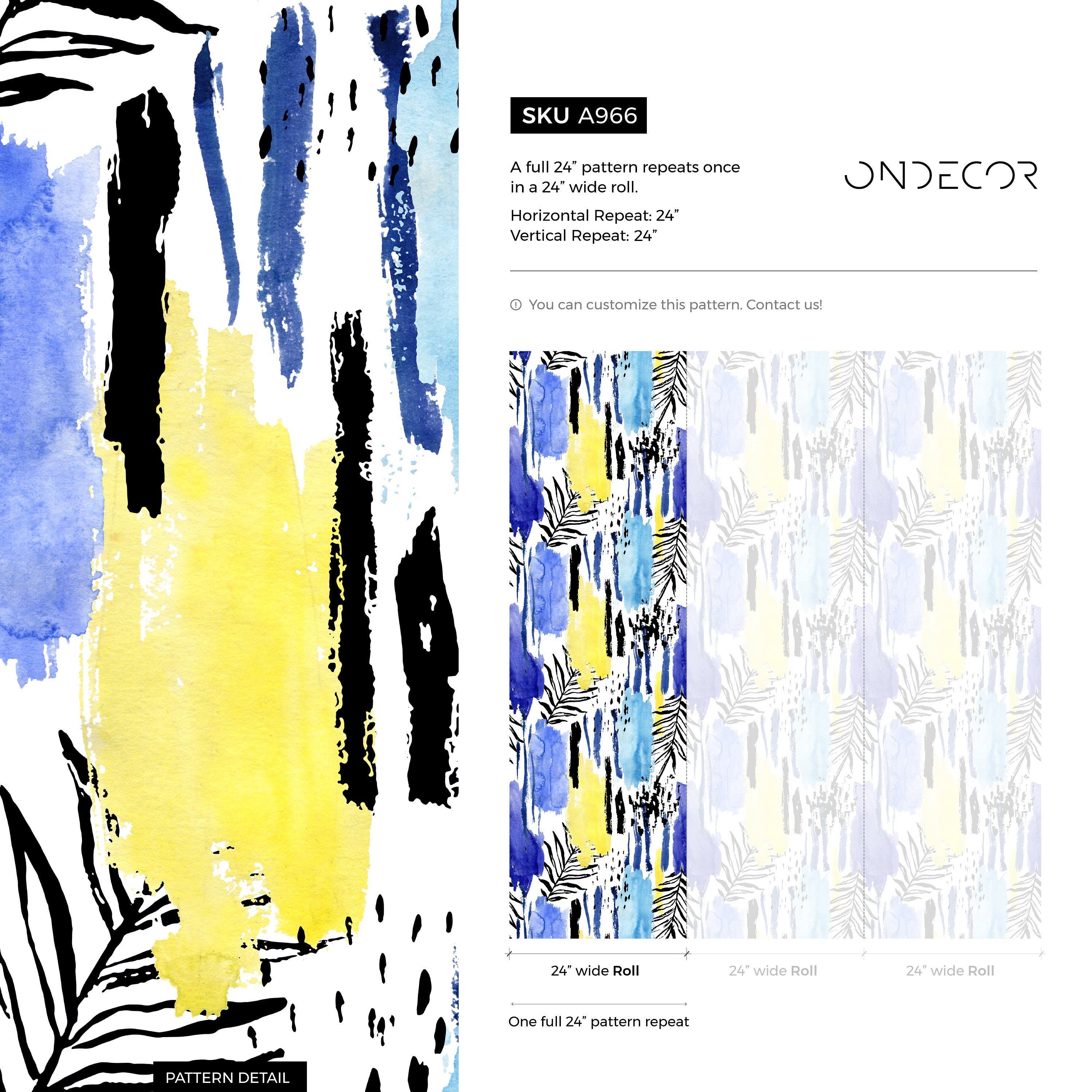 Abstract Wallpaper With Watercolor Stripes And Palm Leaves In Blue, Yellow, And Black - A966