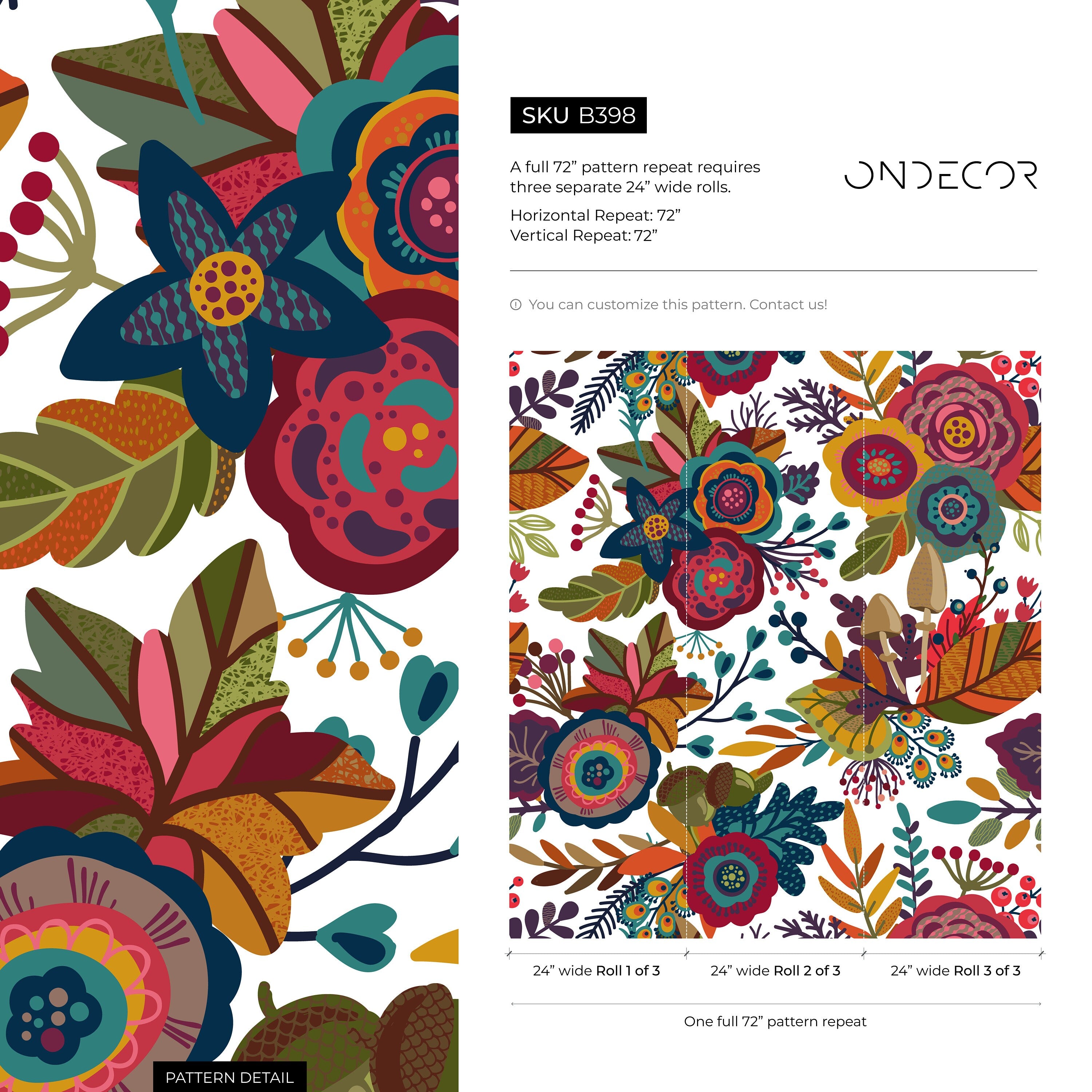 Folk Art Wallpaper With Whimsical Flowers And Mushrooms In Red, Yellow, And Teal - B398