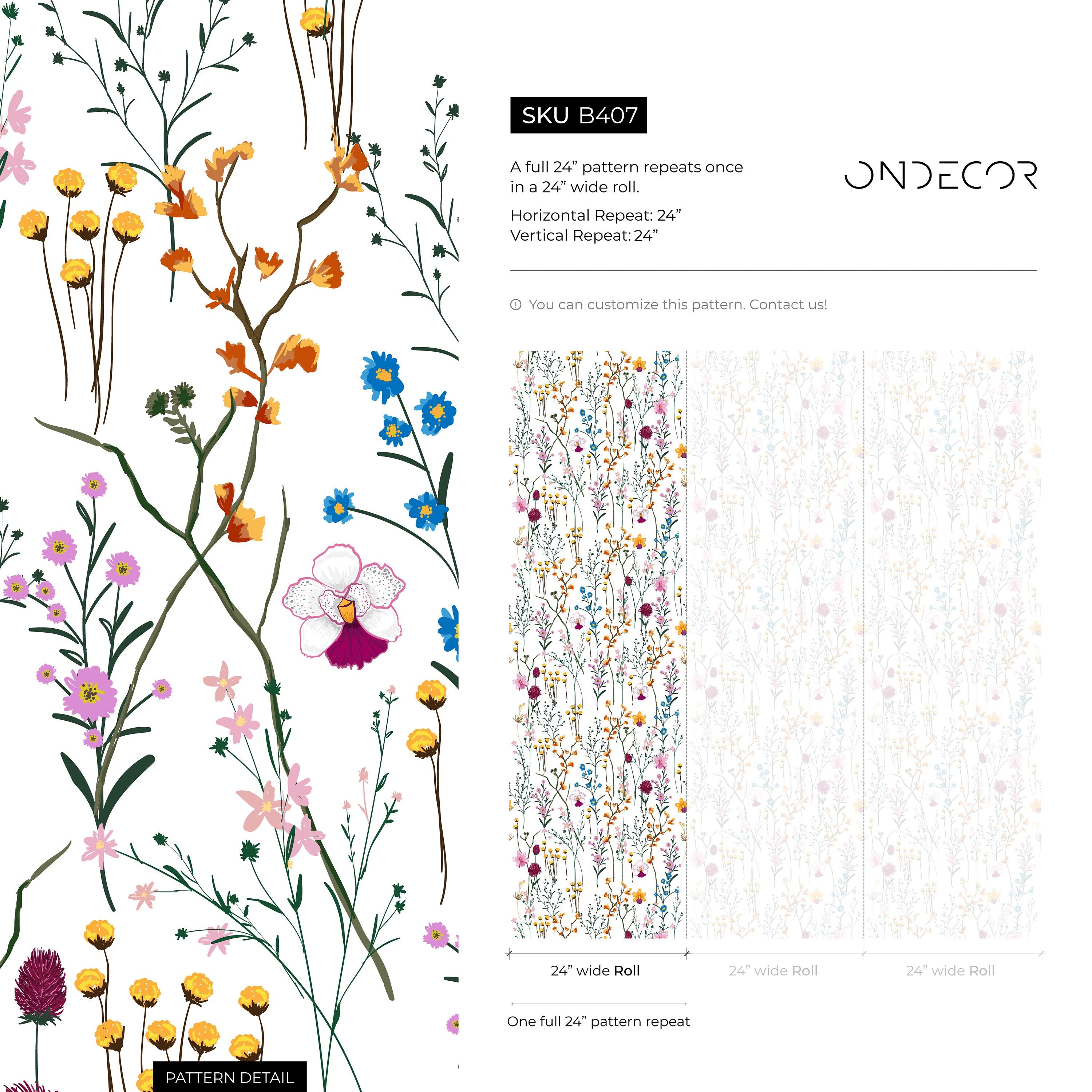 Wildflower Wallpaper With A Delicate Meadow Motif In Pink, Blue, And Yellow - B407
