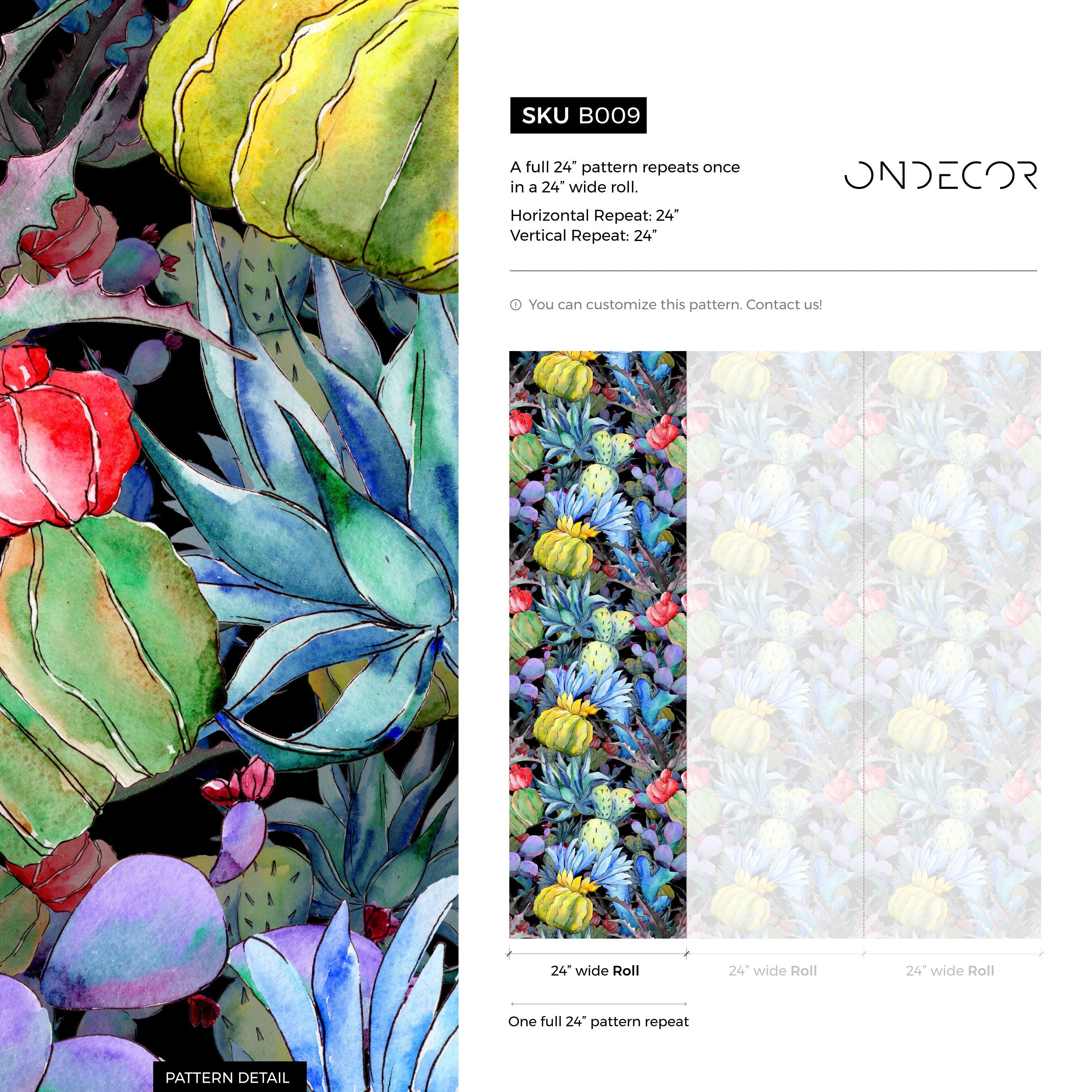 Cactus Wallpaper With A Watercolor Succulent Motif In Blue, Green, And Purple - B009