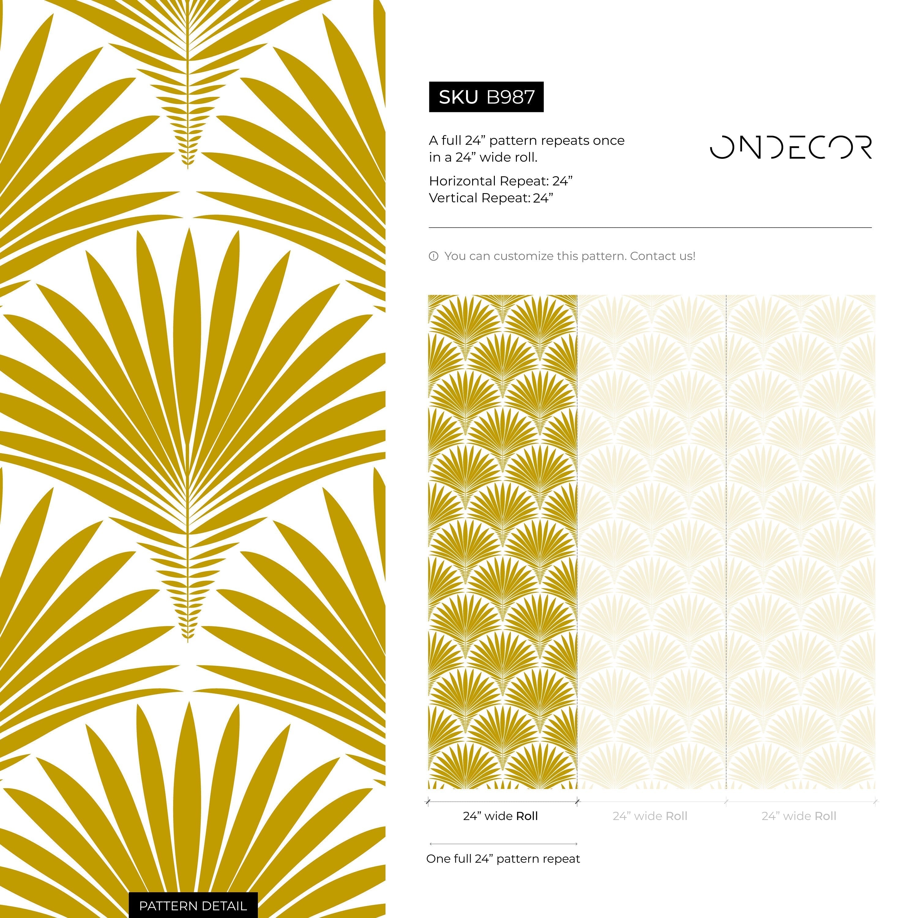Art Deco Wallpaper With A Stylized Palm Frond Motif In Mustard Yellow - B987