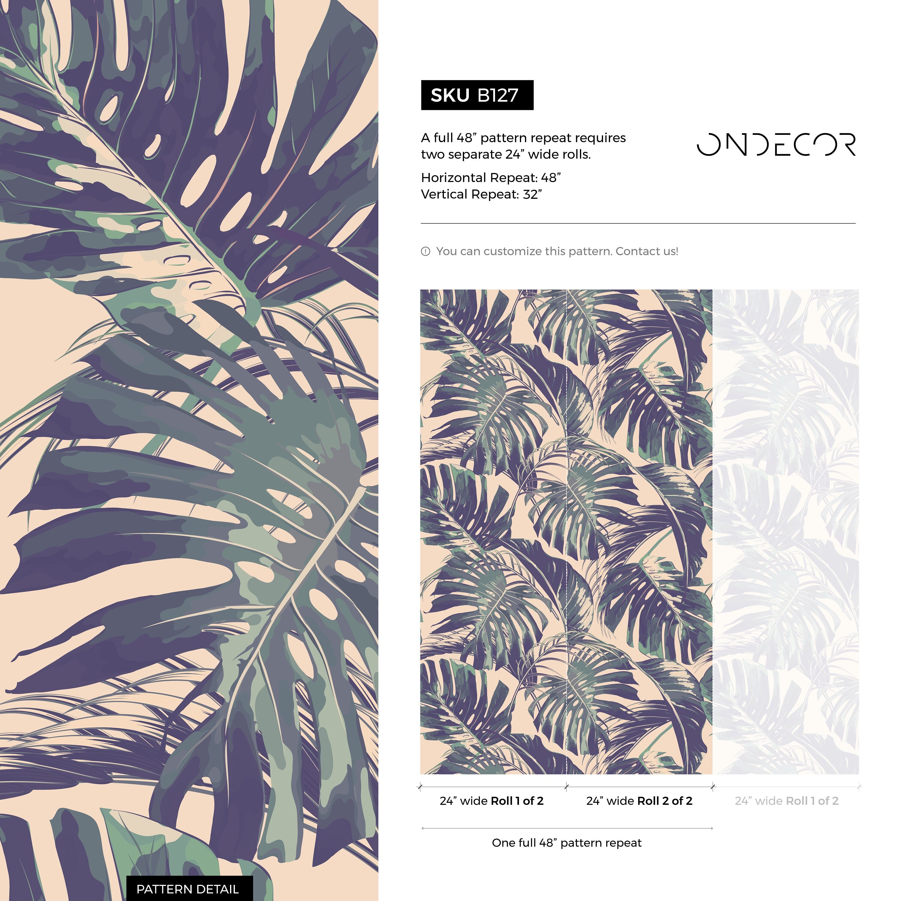 Tropical Wallpaper With Monstera Leaves In Purple, Green, And Beige - B127