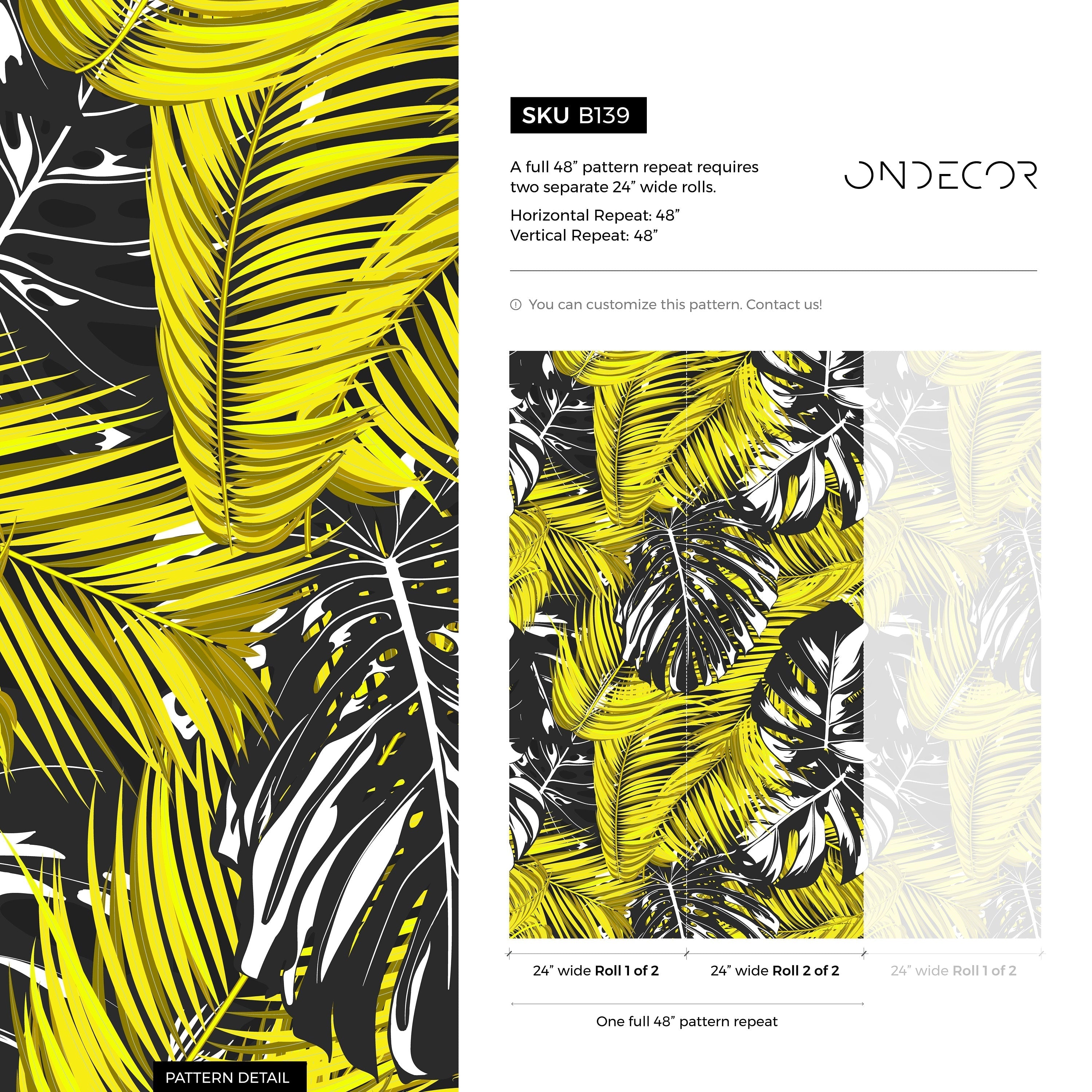 Tropical Wallpaper Featuring Bold Leaves In Yellow, Black, And White - B139