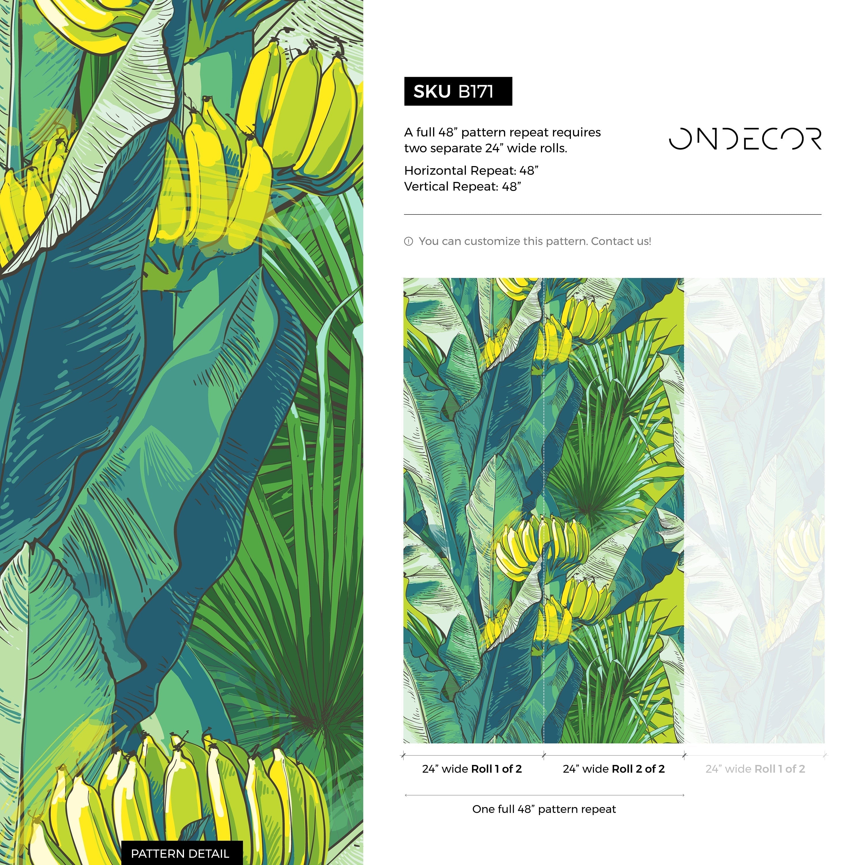 Tropical Wallpaper With Sketched Banana Leaves In Green And Yellow - B171
