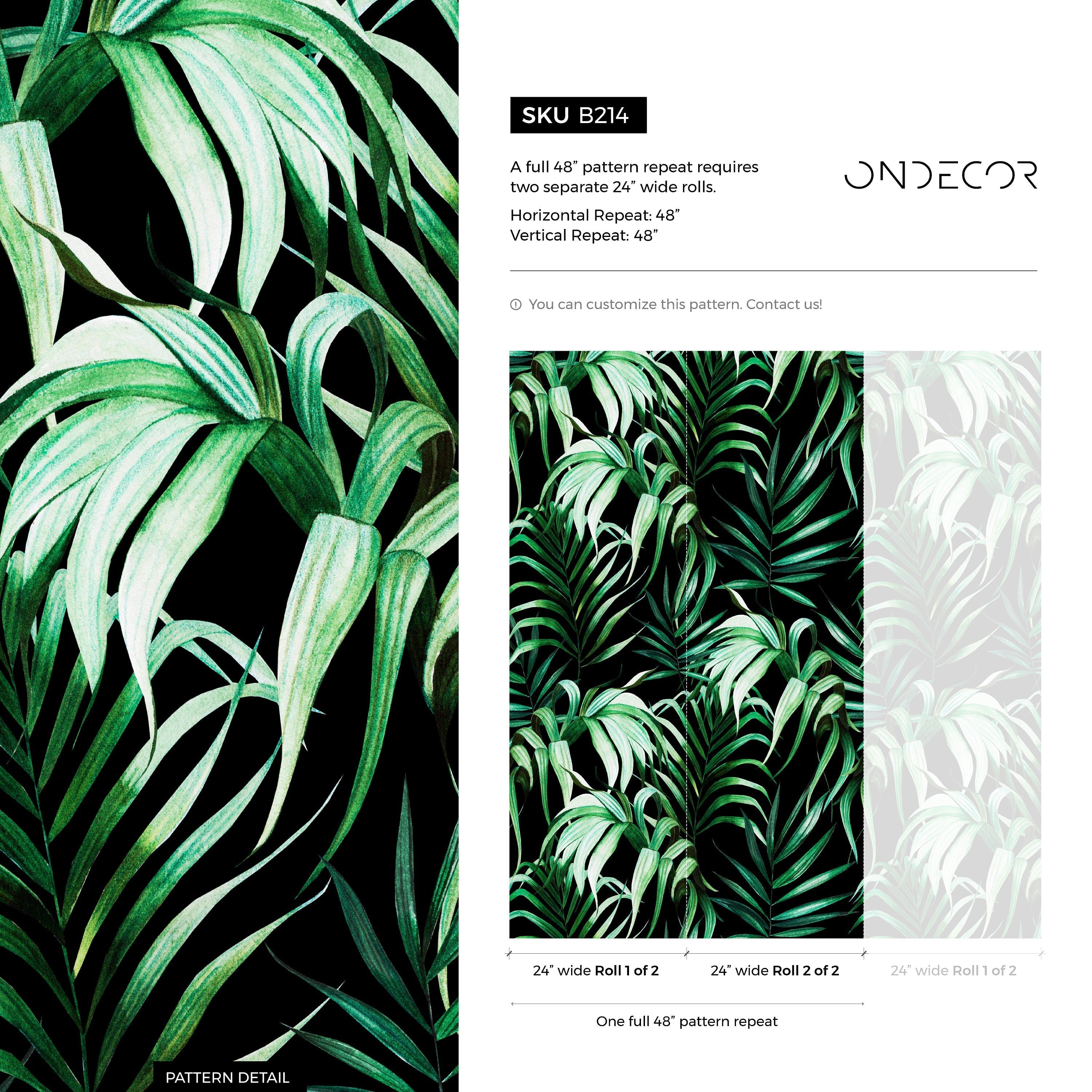Tropical Wallpaper With Lush Palm Leaves In Green And Black - B214