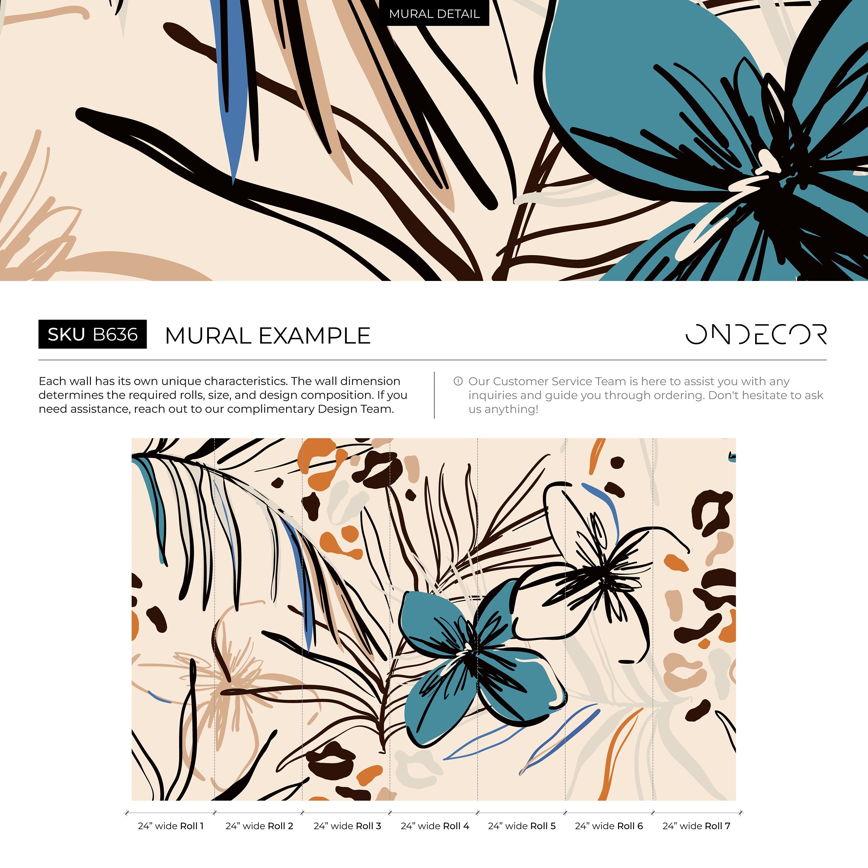 Abstract Floral Wallpaper Featuring Sketched Blooms In Blue, Black, And Brown - B636