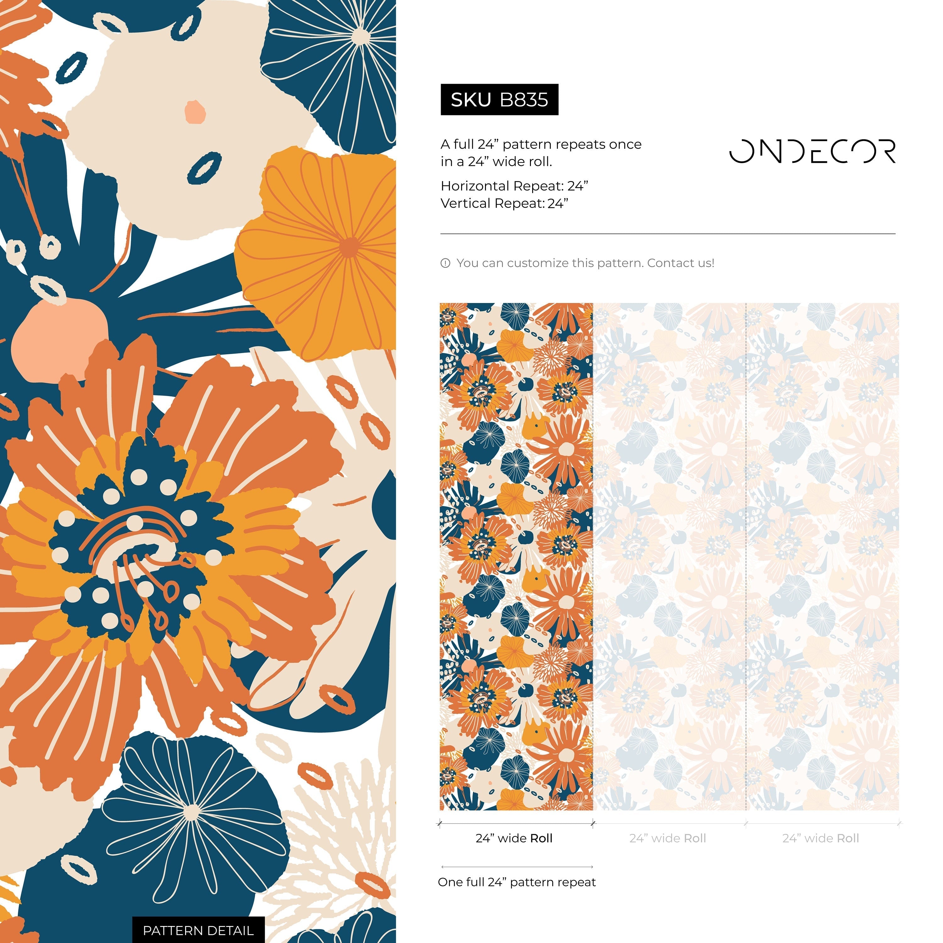 Retro Floral Wallpaper With Stylized Blooms In Orange, Blue, And Yellow - B835
