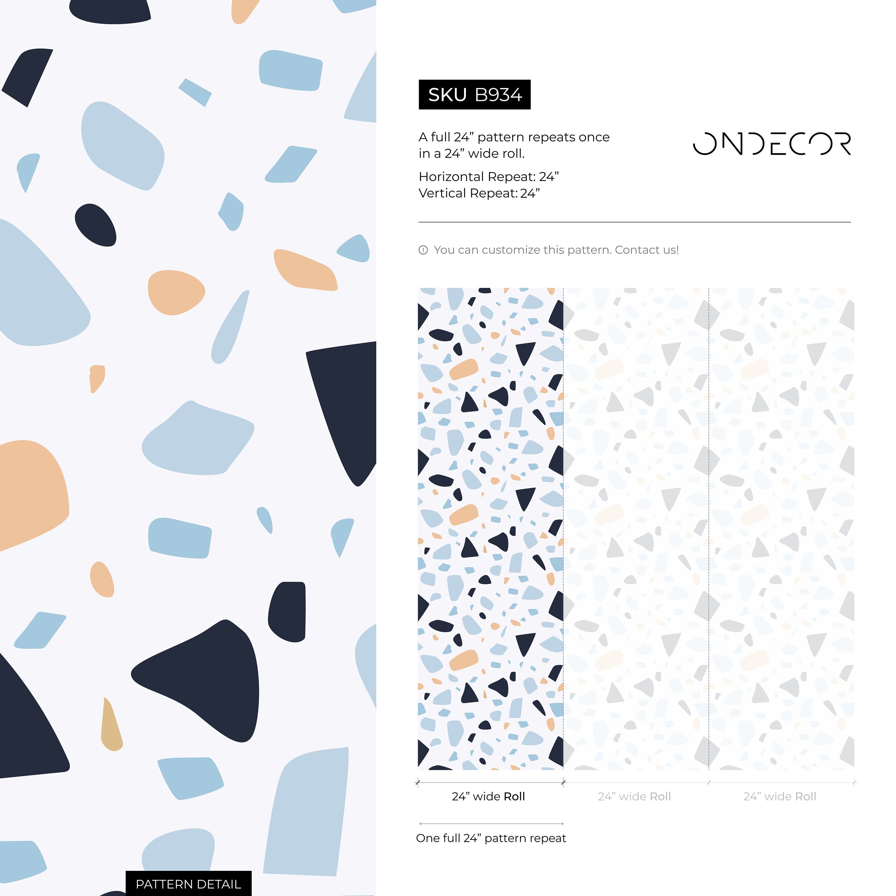Terrazzo Wallpaper With Modern Abstract Shapes In Navy, Blue, And Beige - B934
