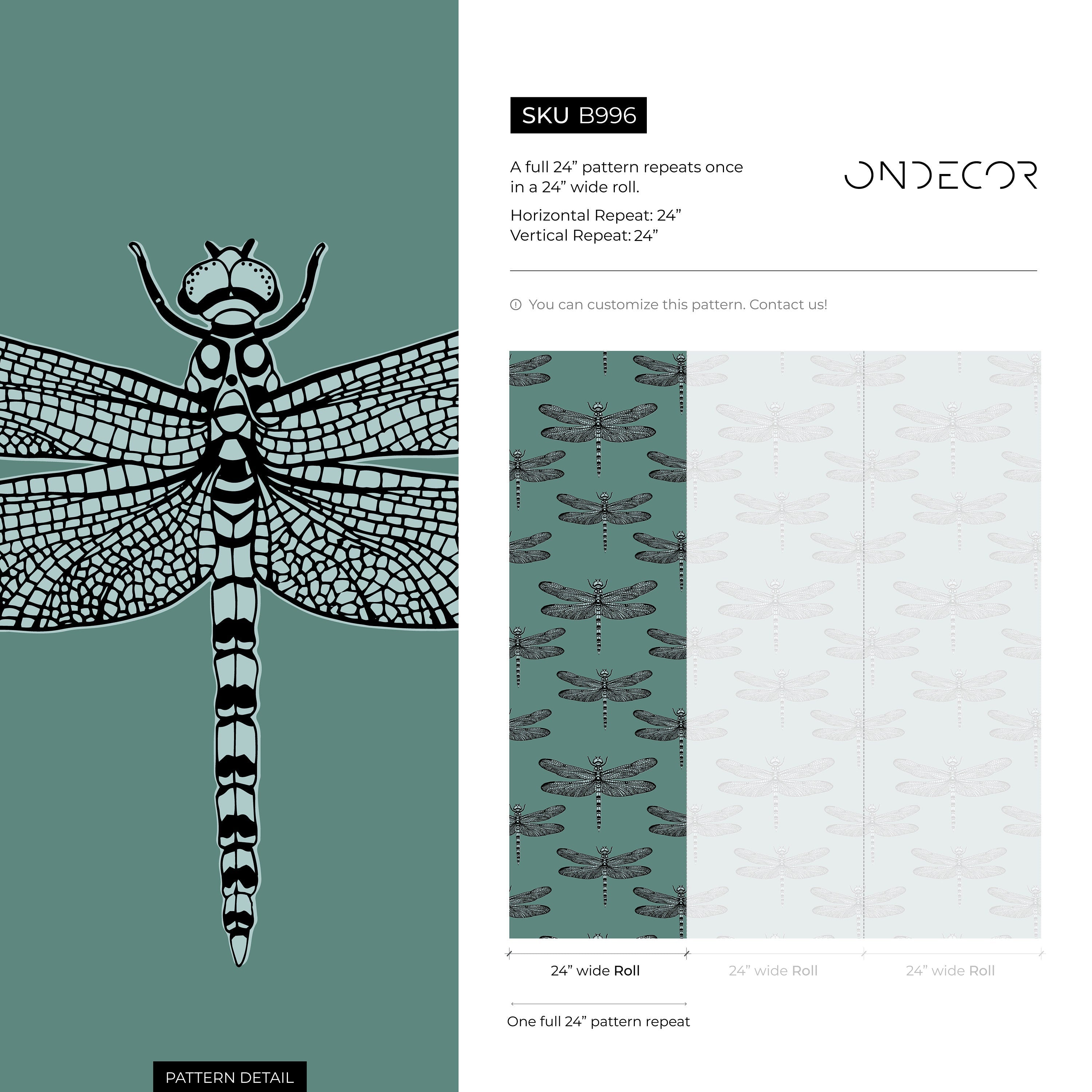 Insect Wallpaper With A Detailed Dragonfly Motif In Teal, Black, And Gray - B996