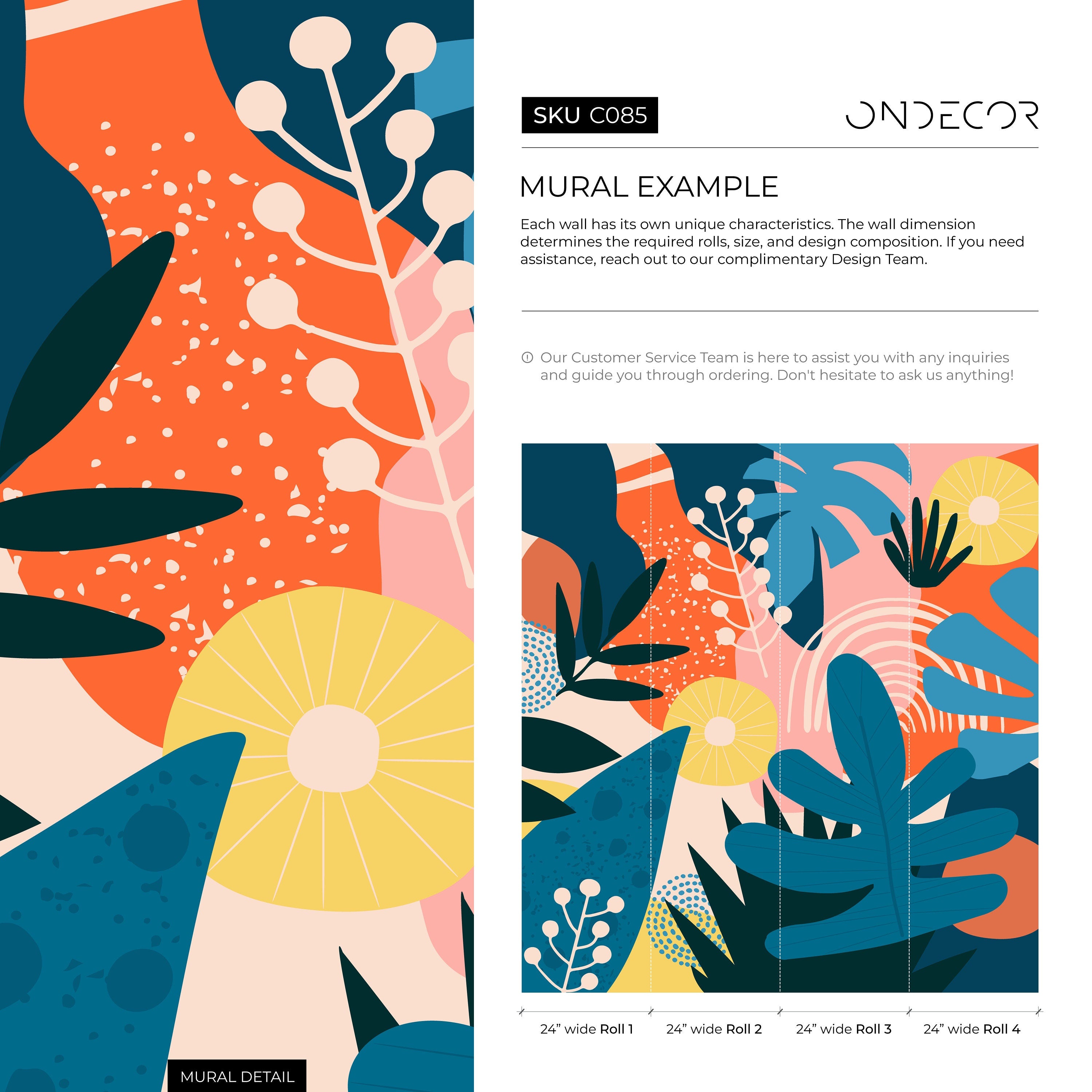 Abstract Wallpaper With A Collage Of Botanical Shapes In Blue, Orange, And Pink - C085