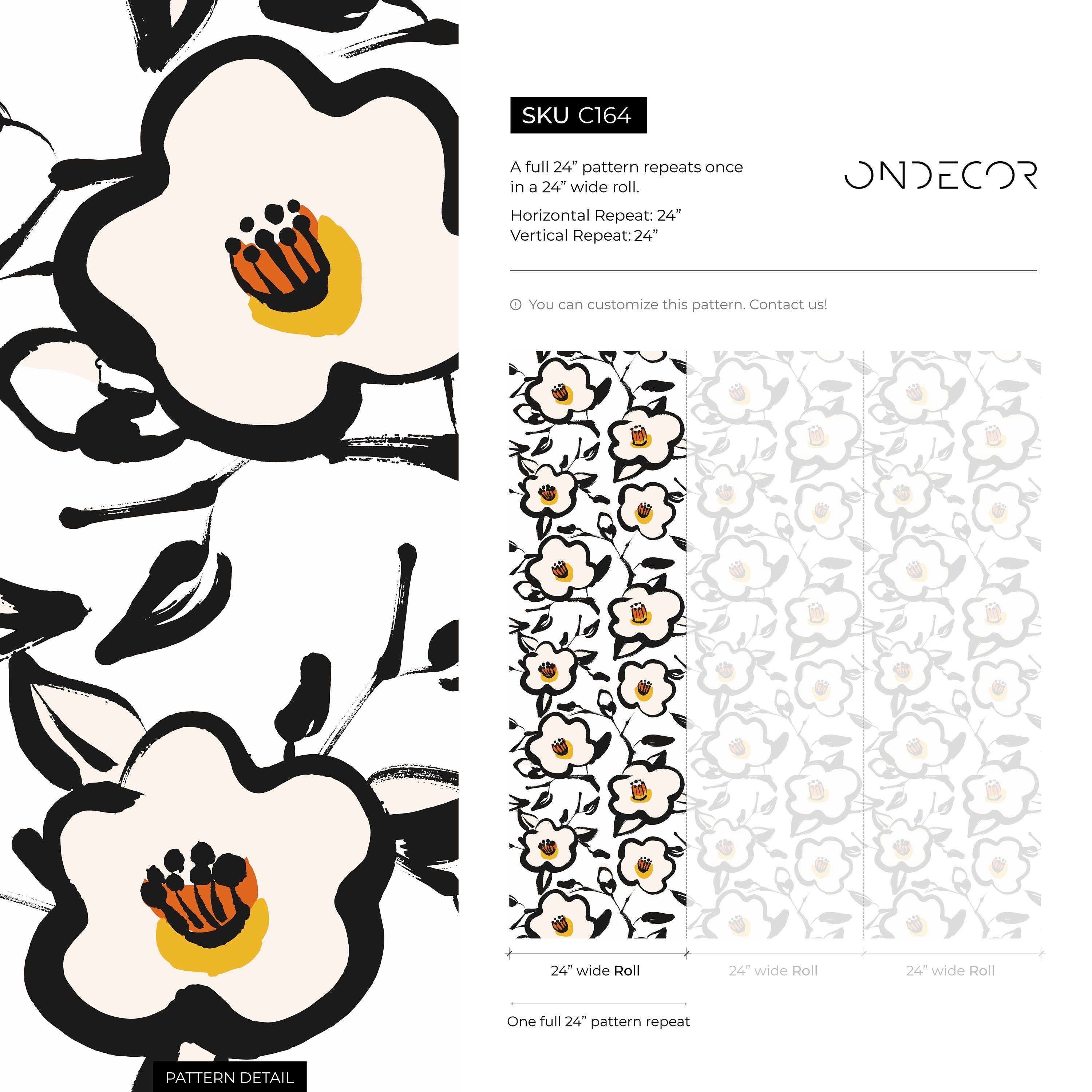 Floral Wallpaper With A Bold Brushstroke Motif In Black And Yellow - C164