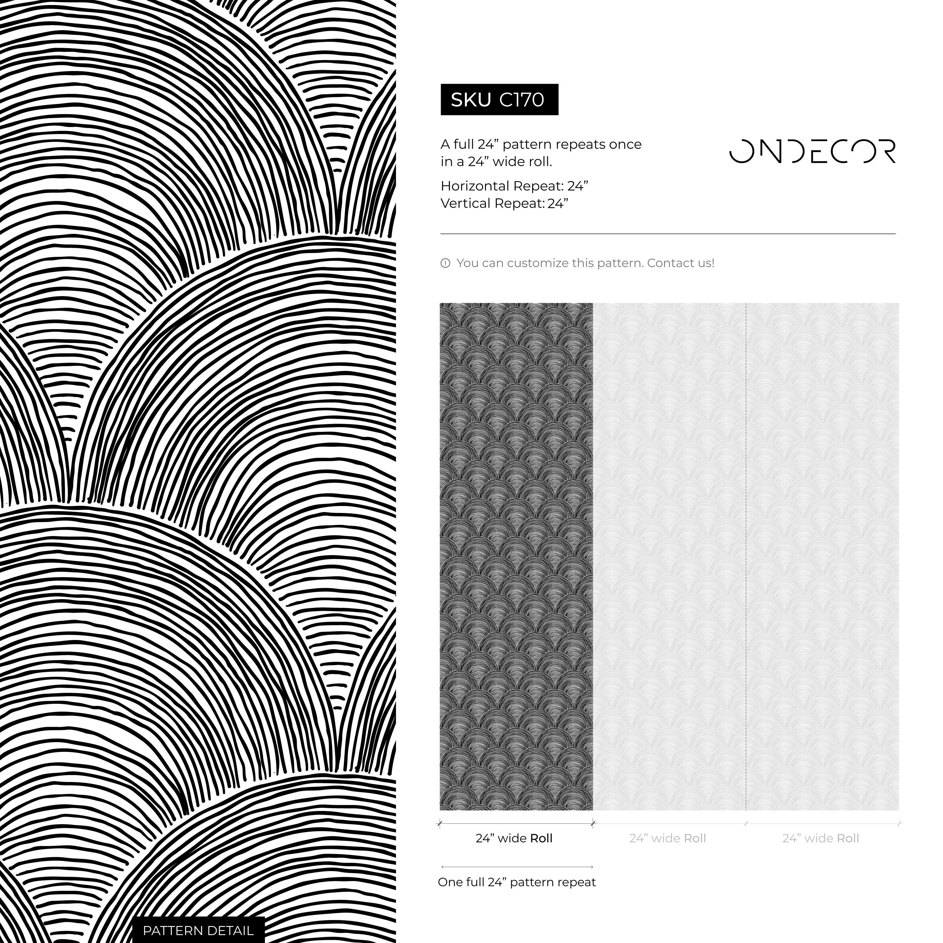 Art Deco Wallpaper With A Hand-drawn Scallop Motif In Black And White - C170