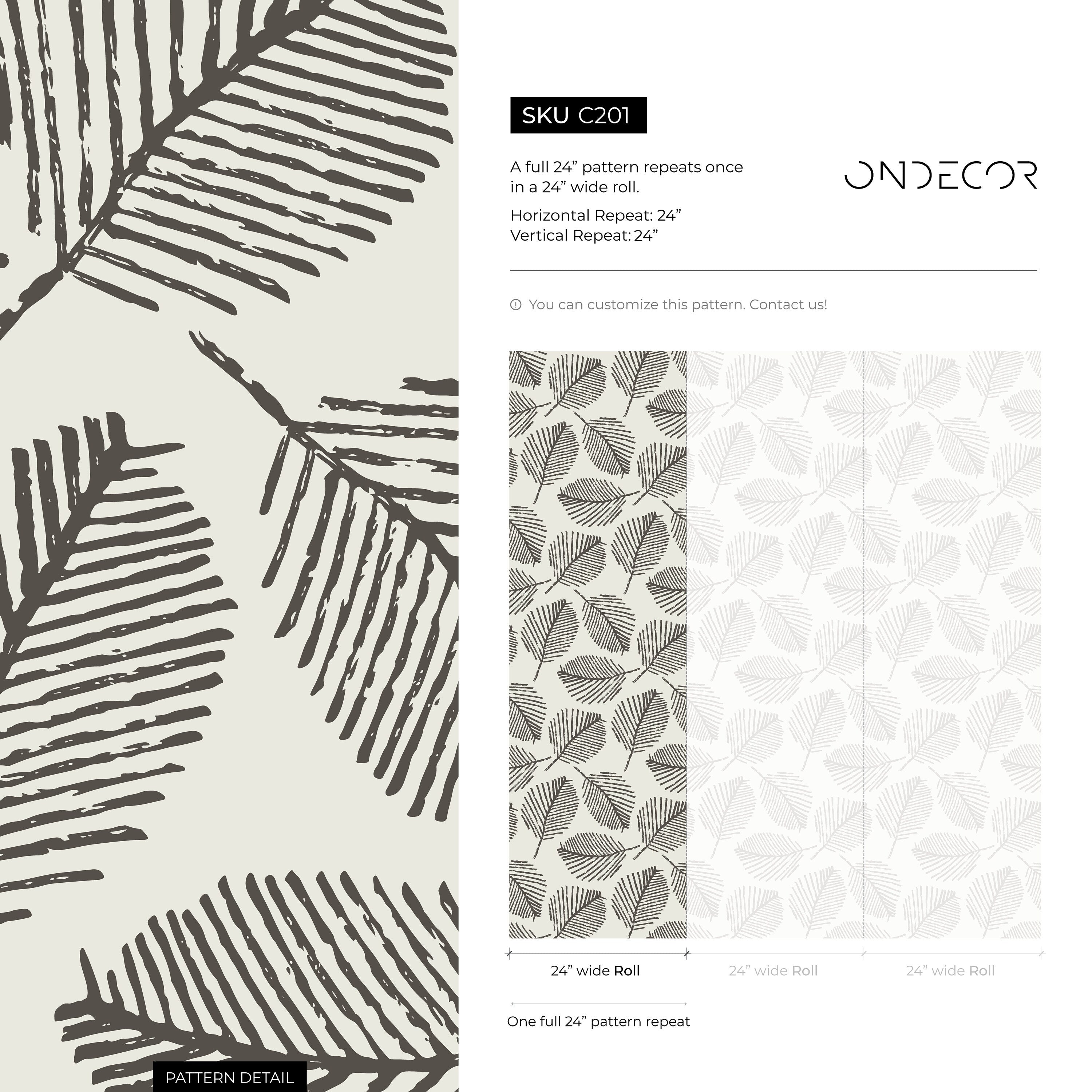 Botanical Wallpaper With A Stamped Leaf Motif In Black And Off-white - C201