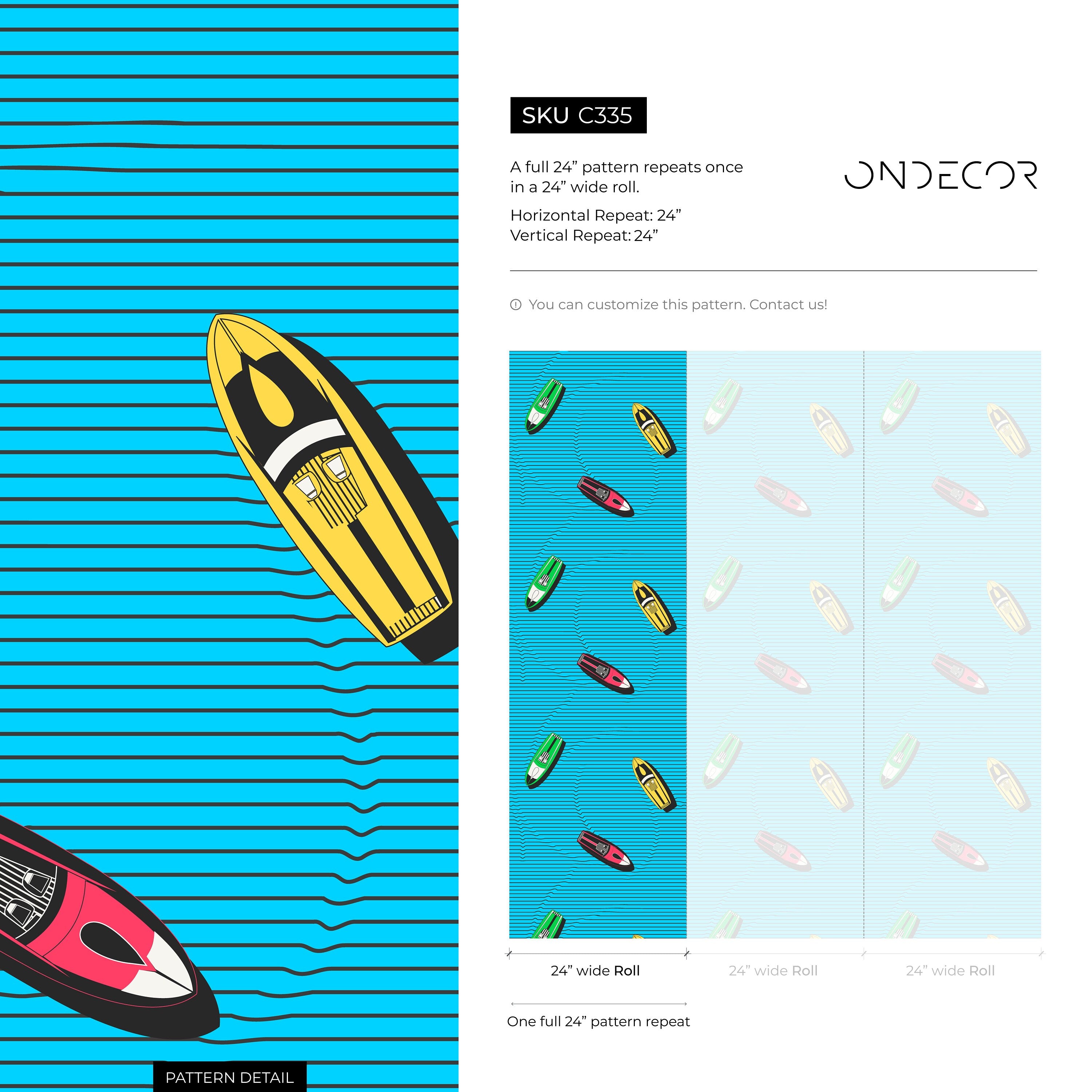 Retro Wallpaper With A Colorful Jet Ski Motif In Blue, Pink, And Green - C335