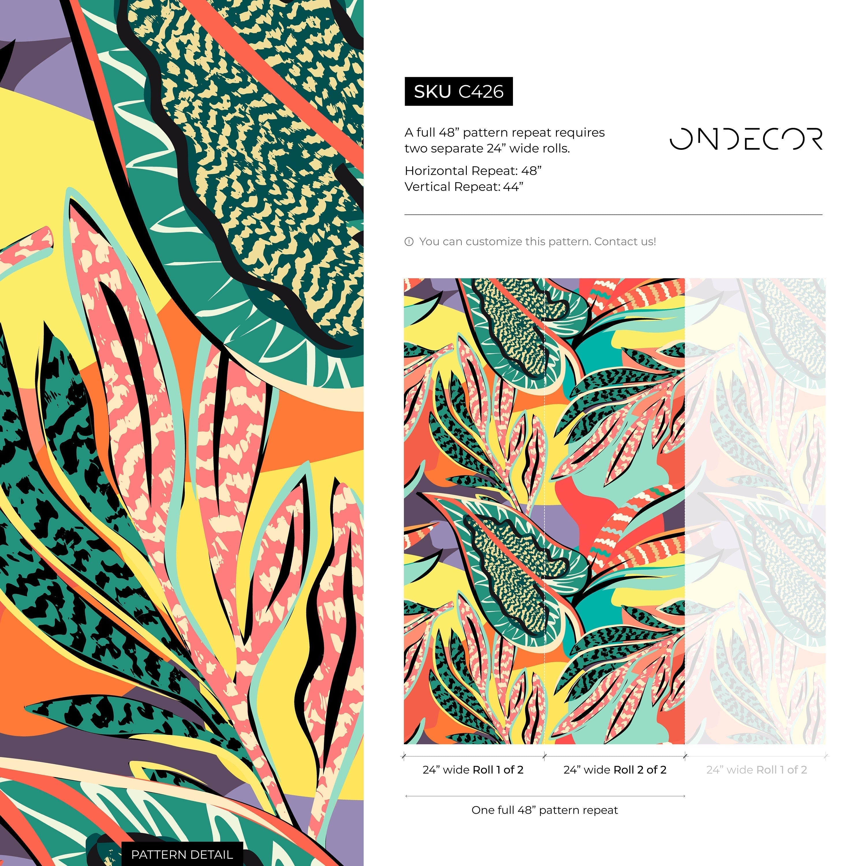 Abstract Wallpaper With Bold Tropical Leaves In Red, Teal, And Yellow - C426