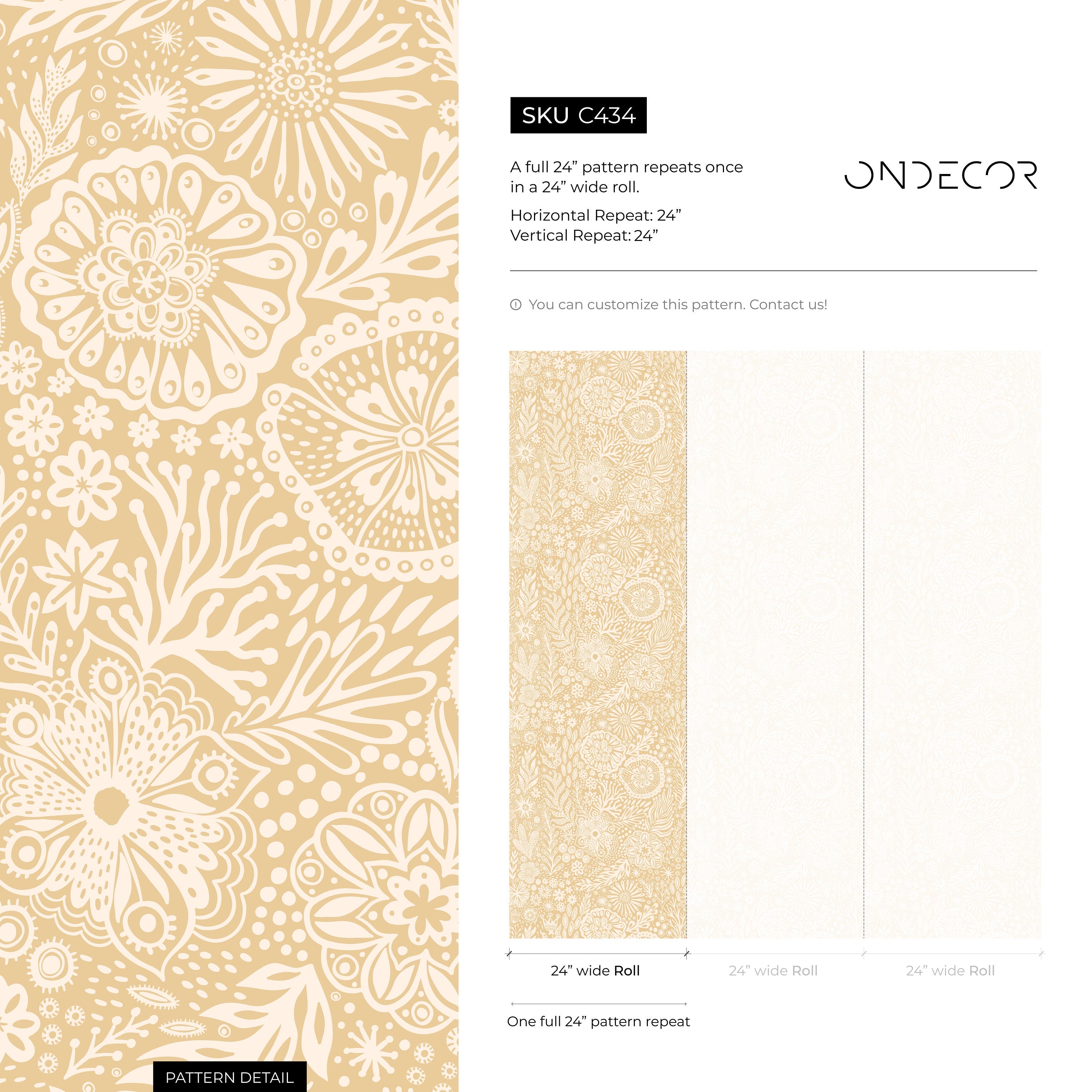 Floral Wallpaper With A Folk Art Motif In Yellow And White - C434