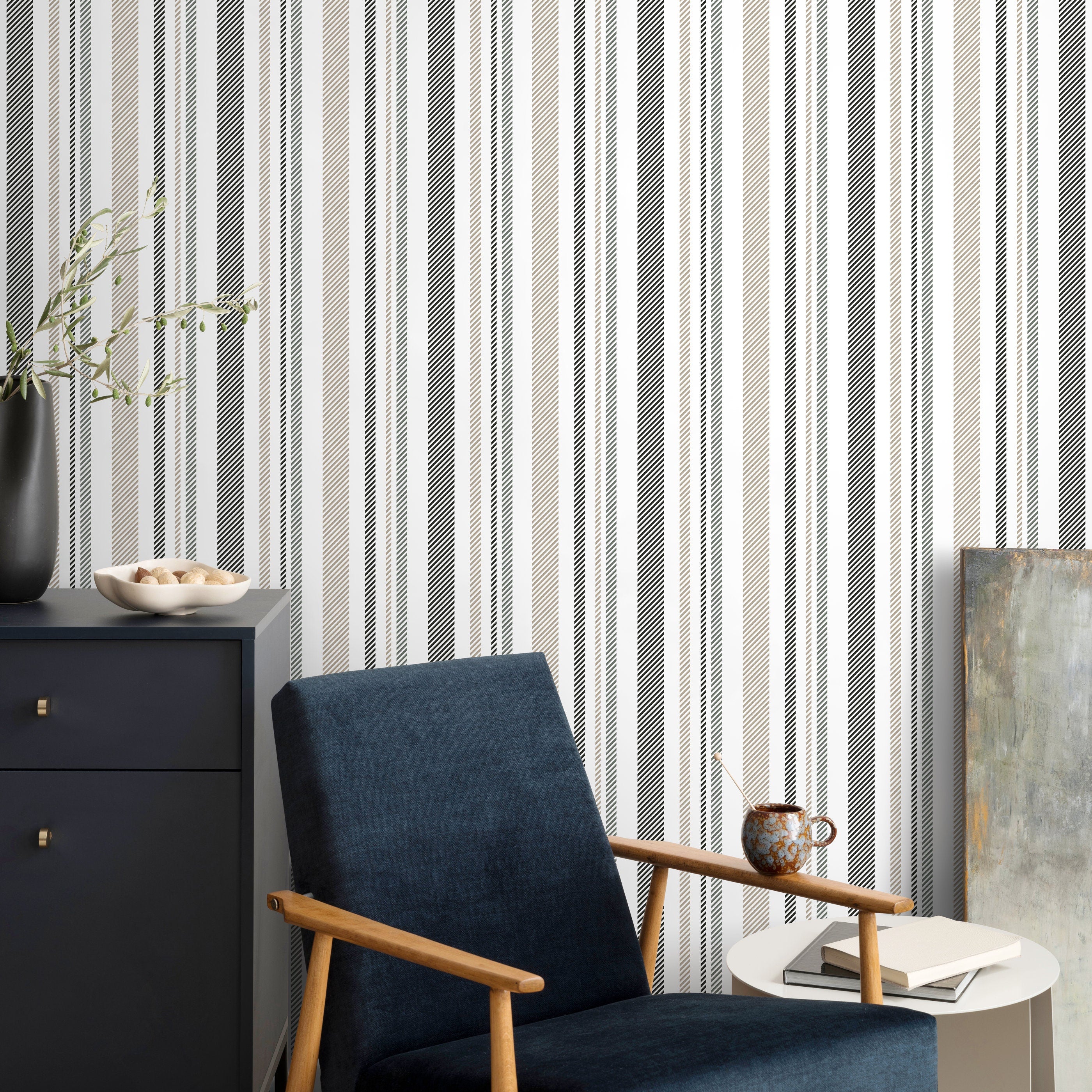 Striped Wallpaper With Textured Diagonal Lines In Grey, Black, And Taupe - D844
