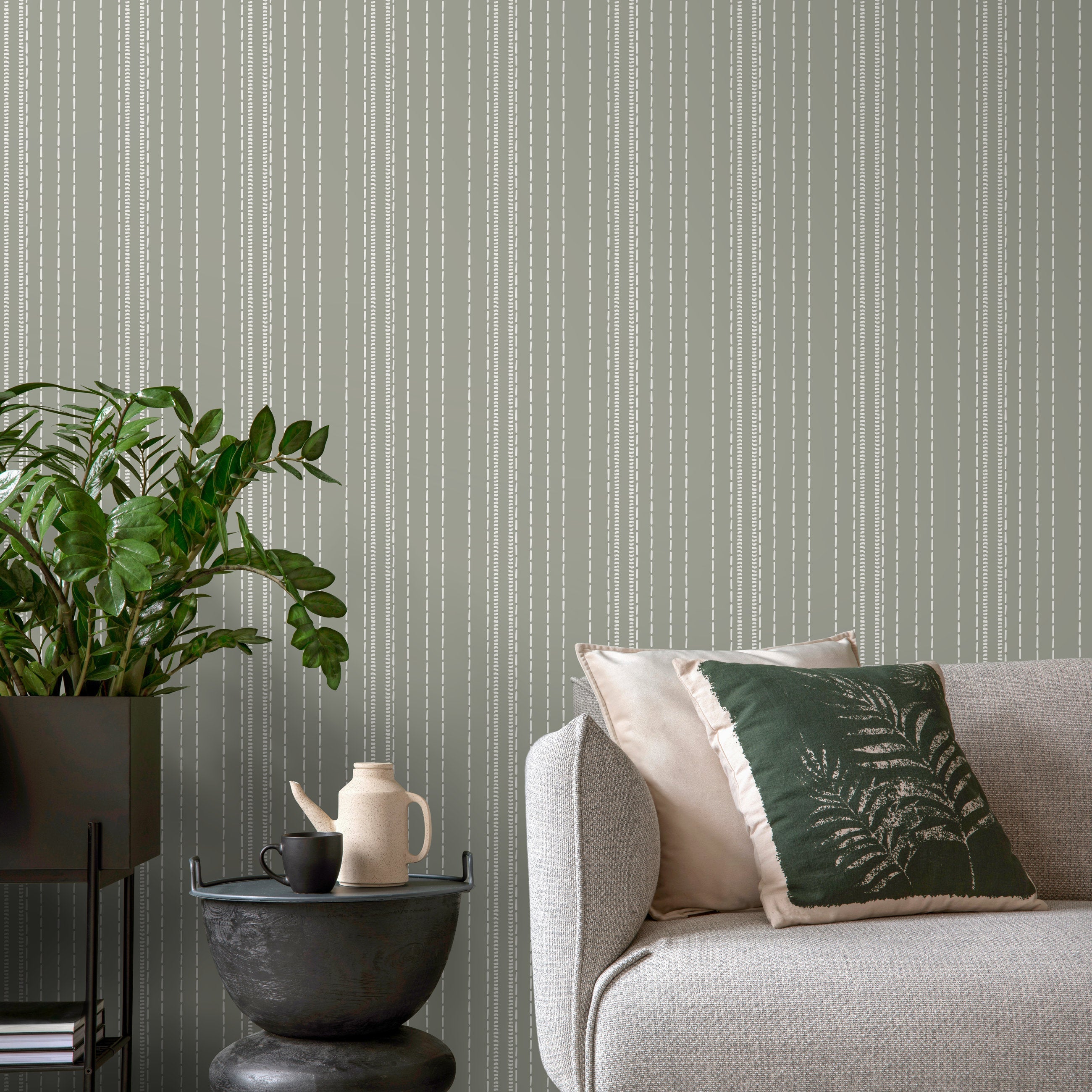 Striped Wallpaper With Hand-drawn Dashes In Sage Green And White - D853