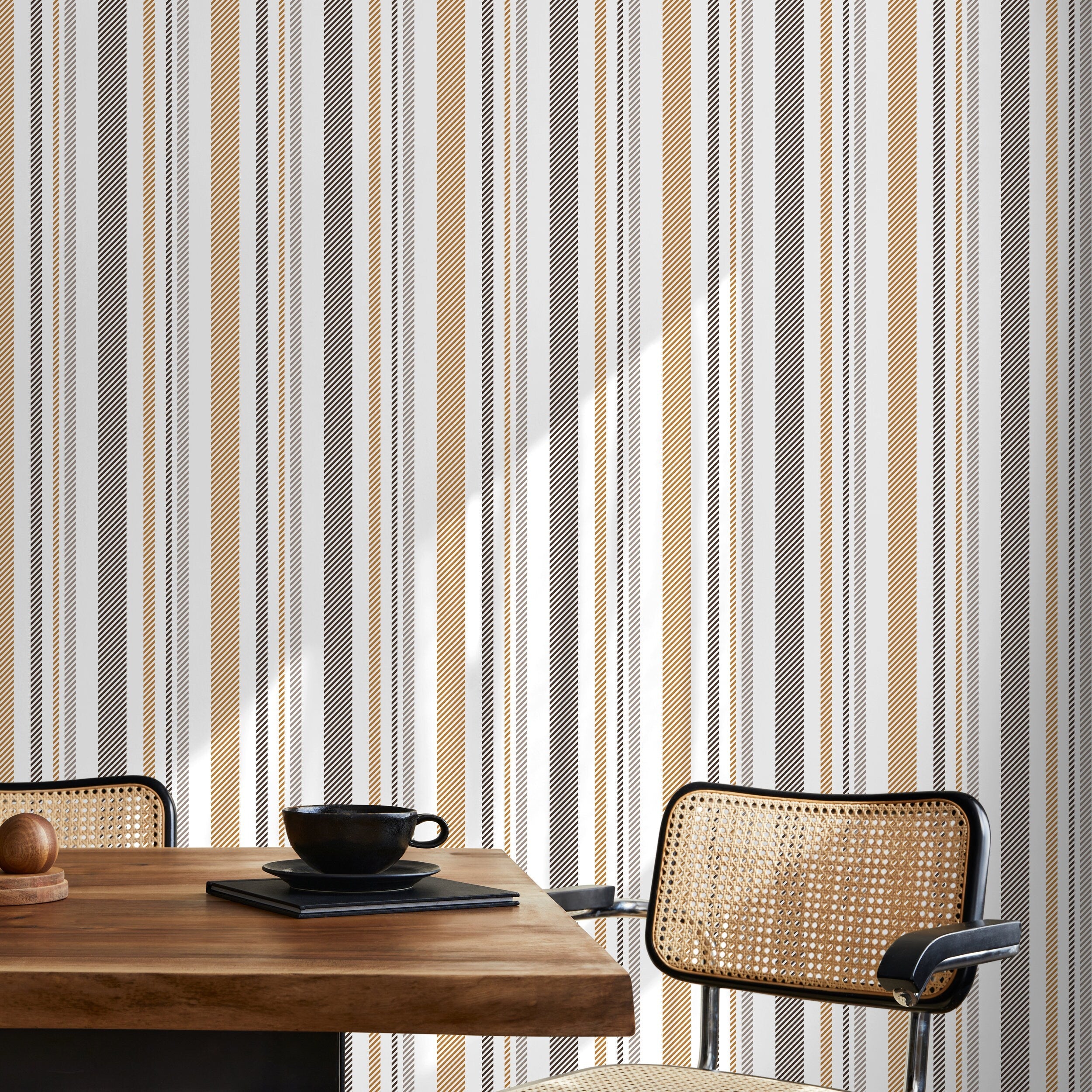 Minimalist Striped Wallpaper With Textured Lines In Gold, Grey, And Black - D845