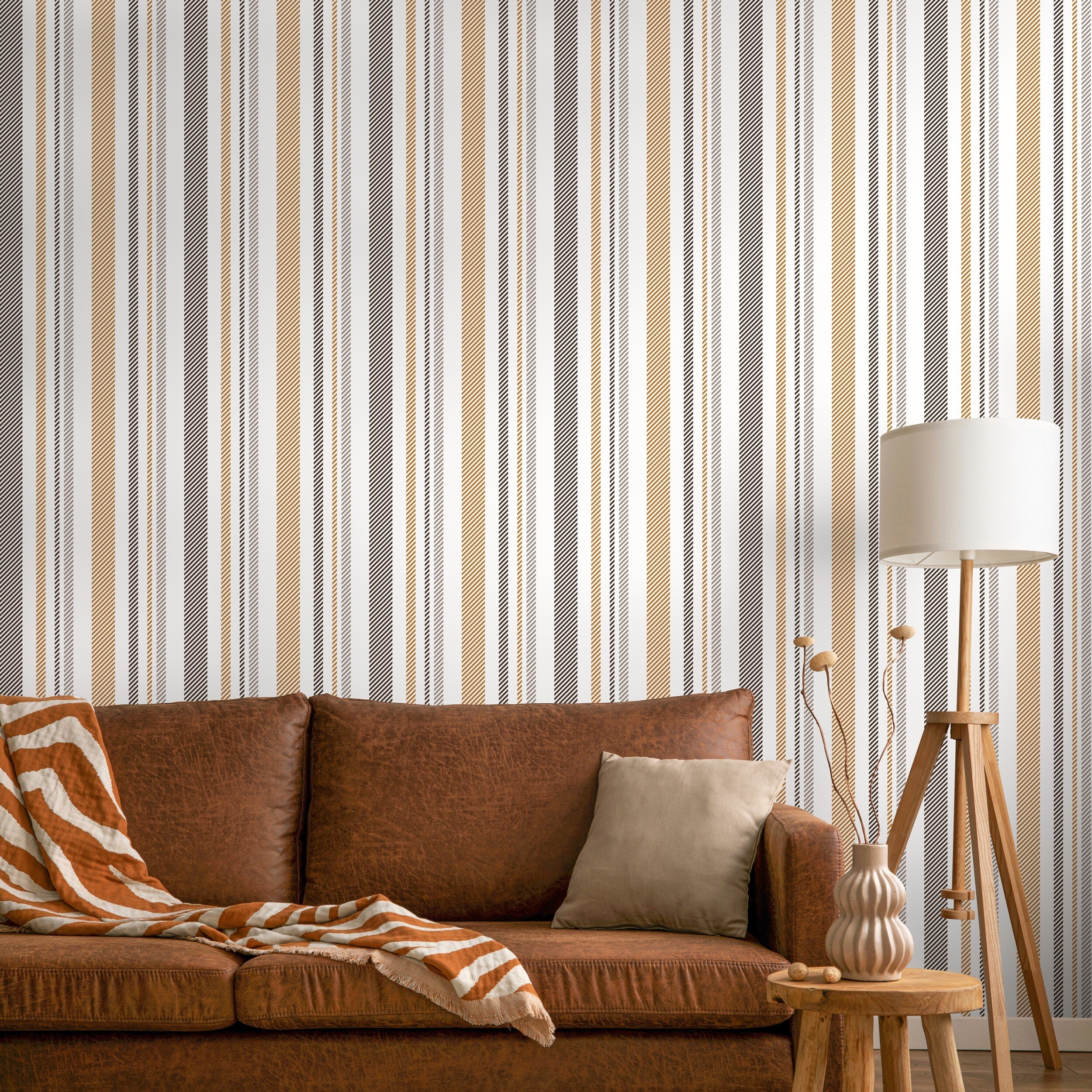 Minimalist Striped Wallpaper With Textured Lines In Gold, Grey, And Black - D845