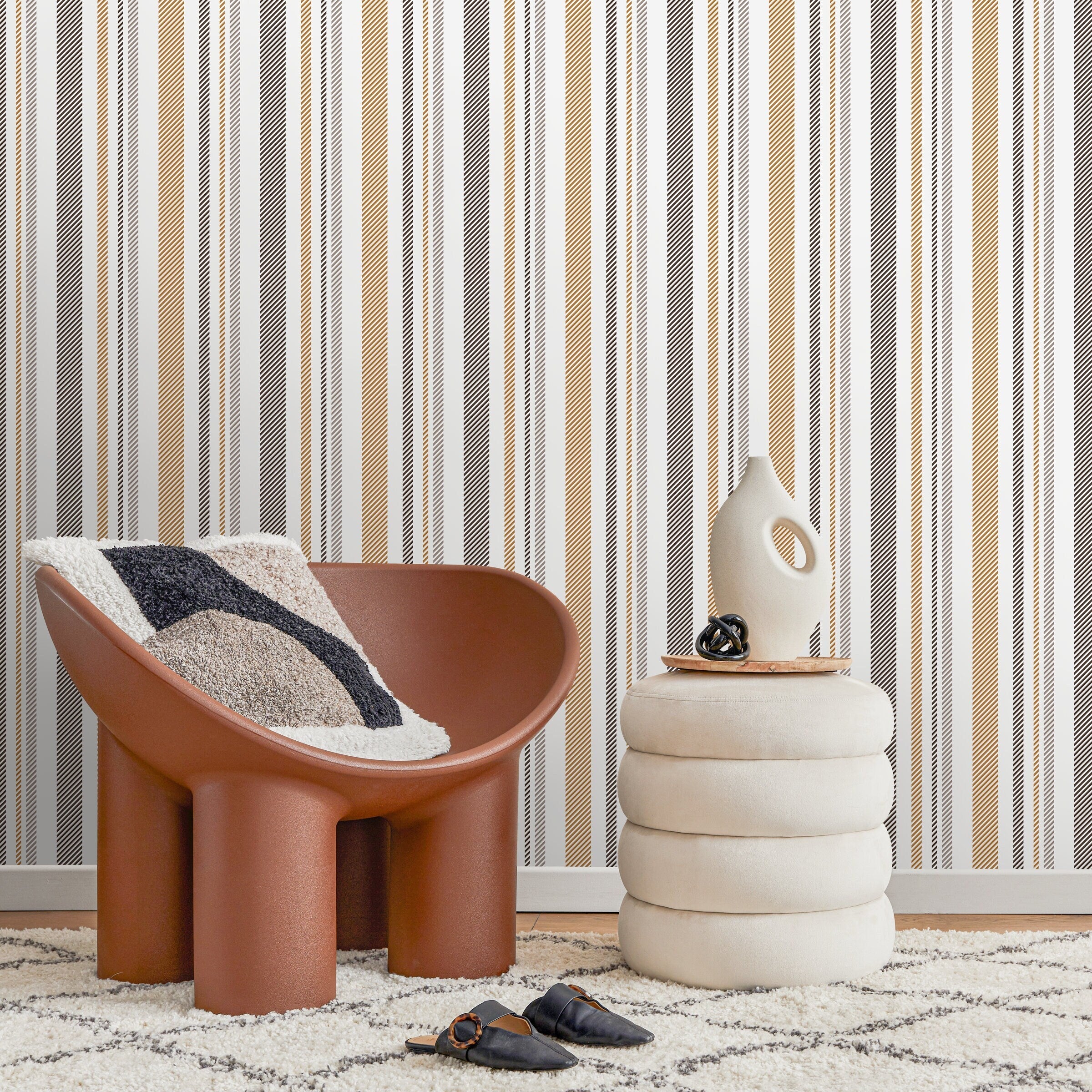 Minimalist Striped Wallpaper With Textured Lines In Gold, Grey, And Black - D845
