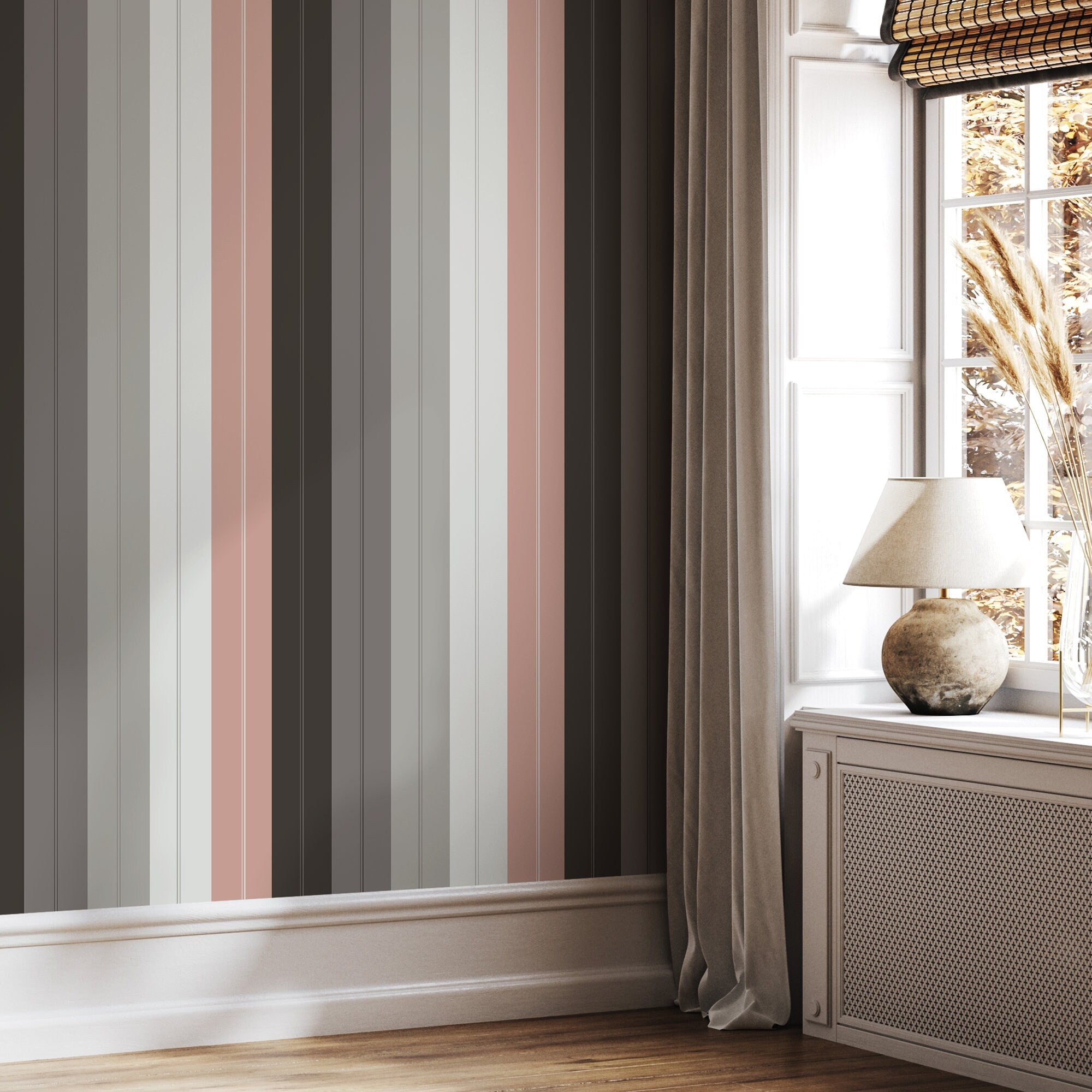 Striped Wallpaper With Modern Vertical Lines In Grey, Pink, And White - D857