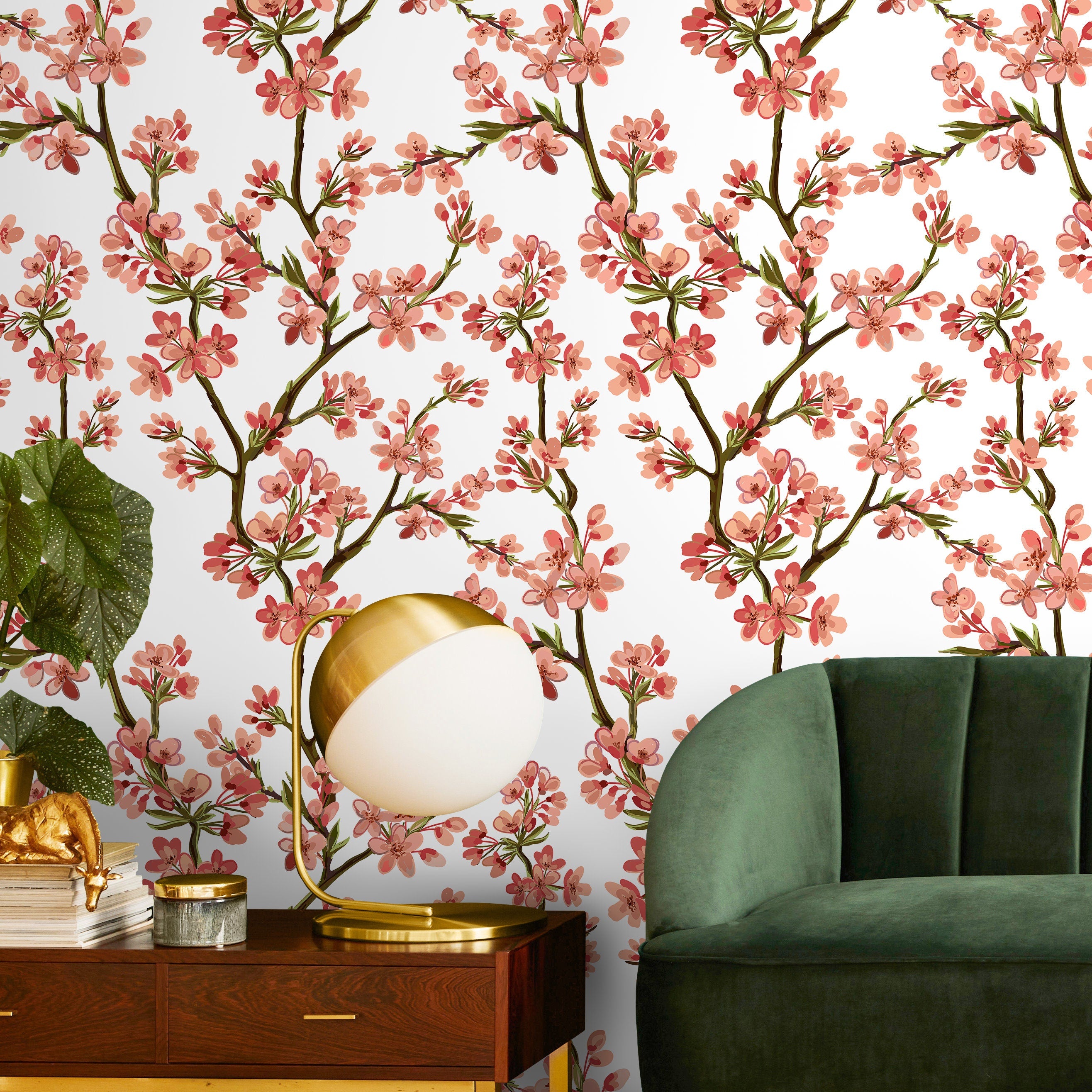 Floral Wallpaper With Cherry Blossom Branches In Pink, Red, And Brown - D961