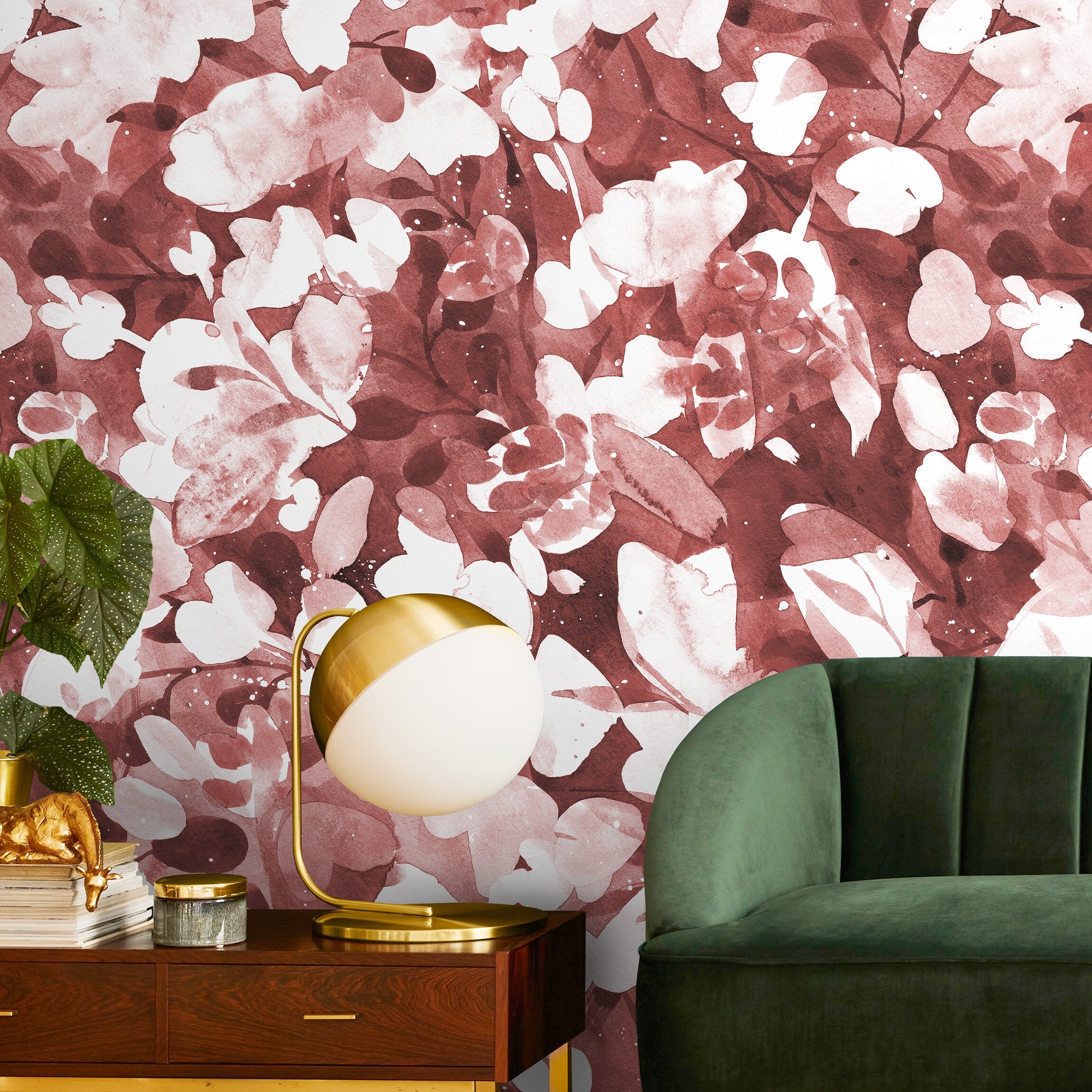 Abstract Wallpaper With A Watercolor Floral Motif In Terracotta And Red - X153
