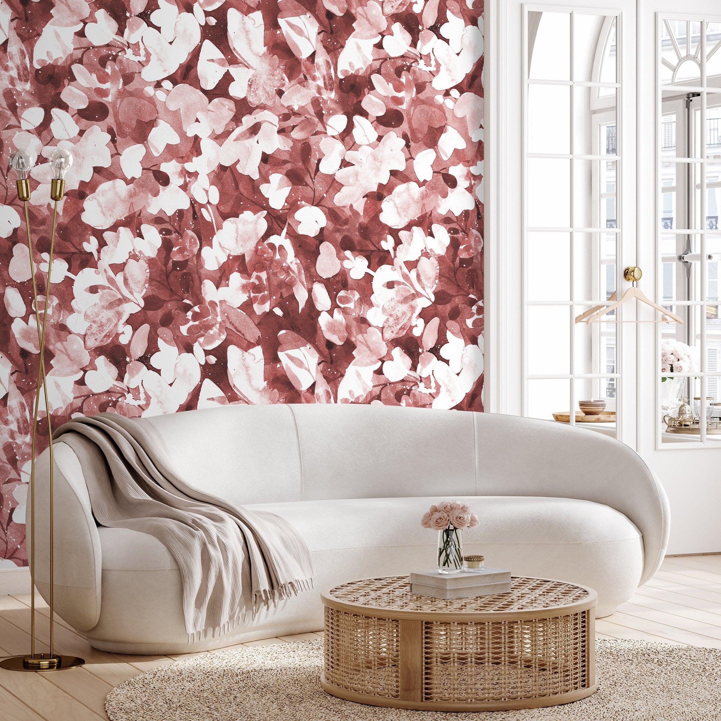 Abstract Wallpaper With A Watercolor Floral Motif In Terracotta And Red - X153