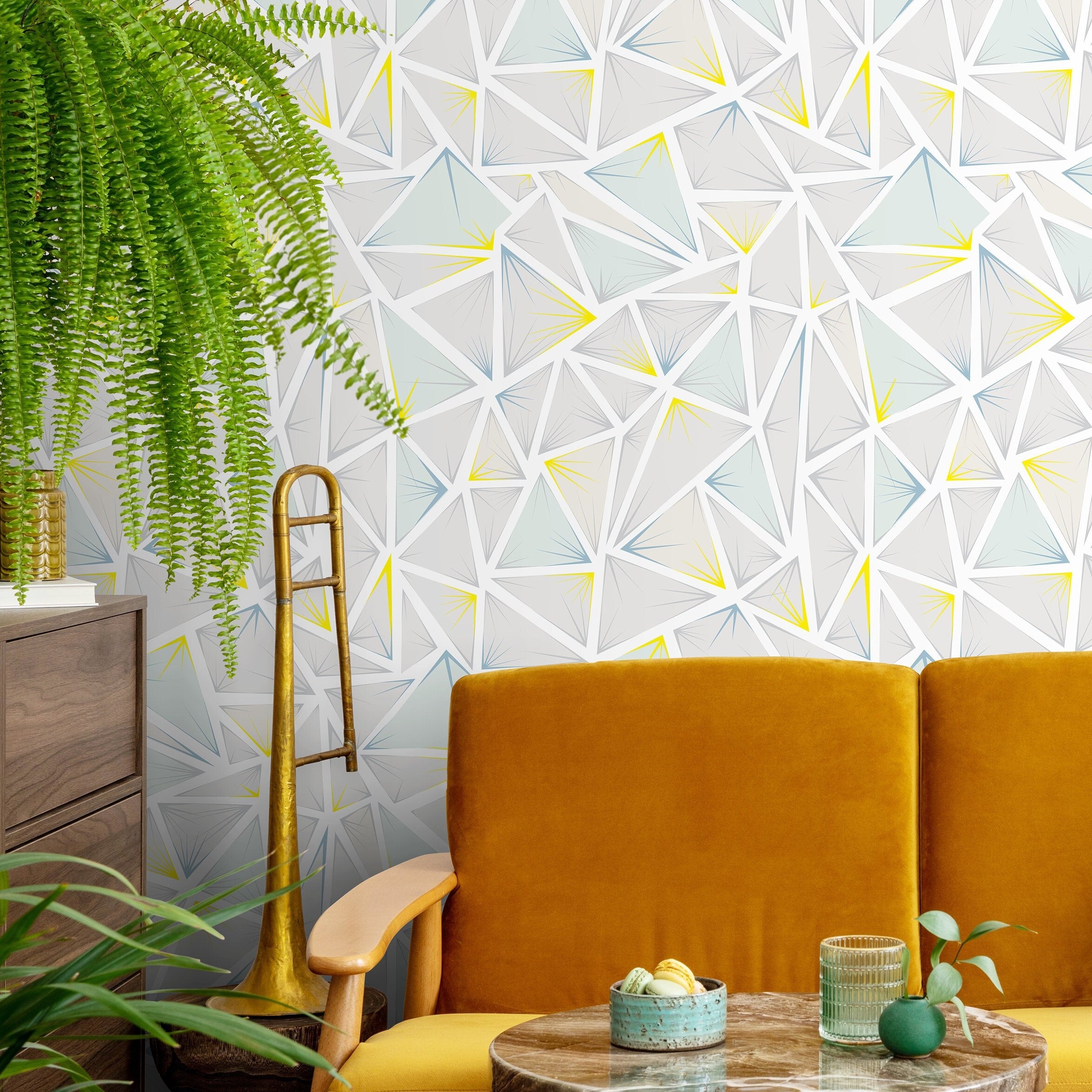 Geometric Wallpaper With An Abstract Triangle Motif In Gray, Blue, And Yellow - A334
