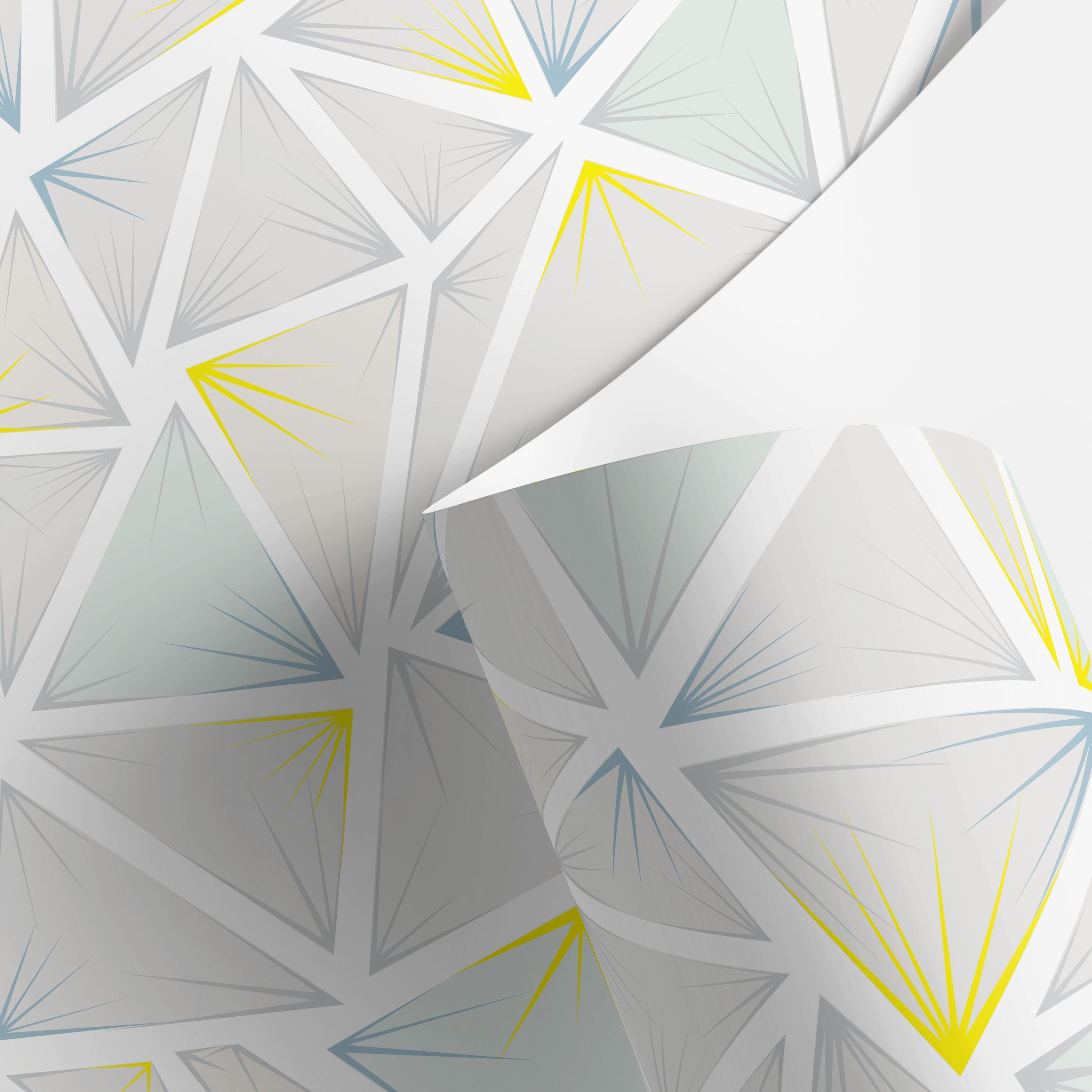 Geometric Wallpaper With A Prismatic Triangle Motif In Grey, Blue, And Yellow - A334