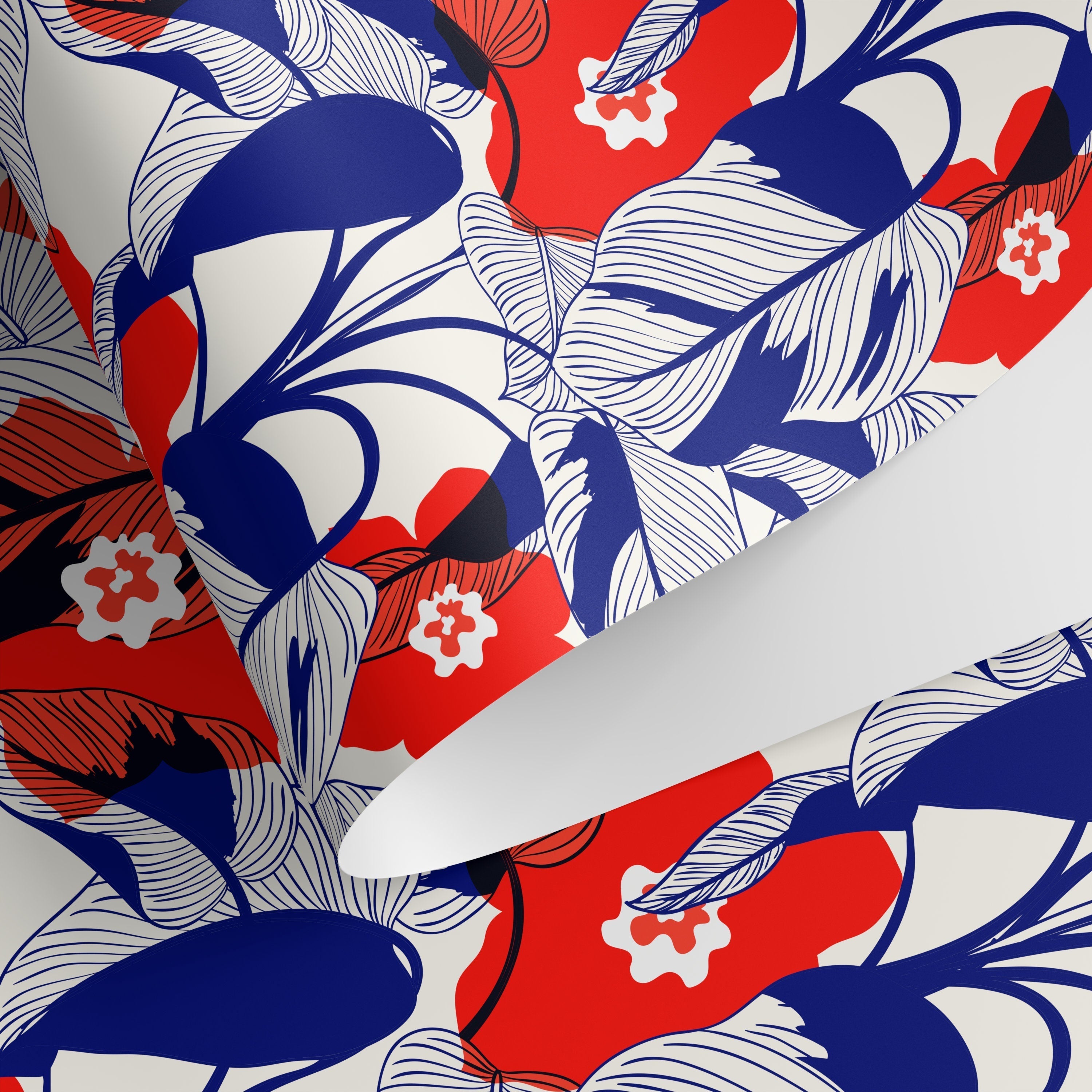 Botanical Wallpaper With Graphic Florals And Leaves In Red And Blue - A791