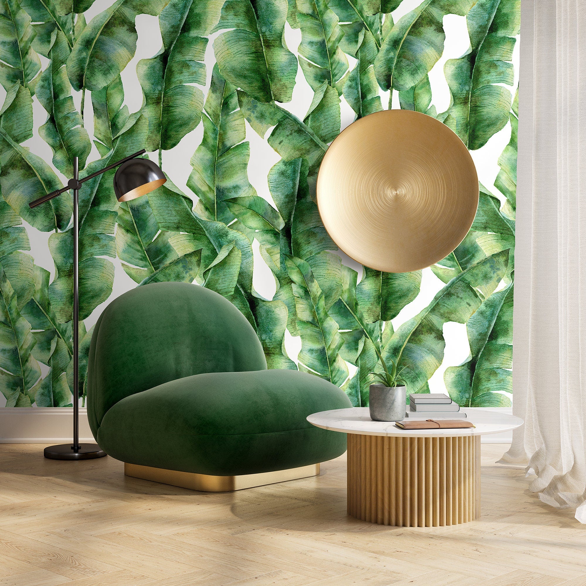 Botanical Wallpaper With Watercolor Banana Leaves In Green And Yellow - A132