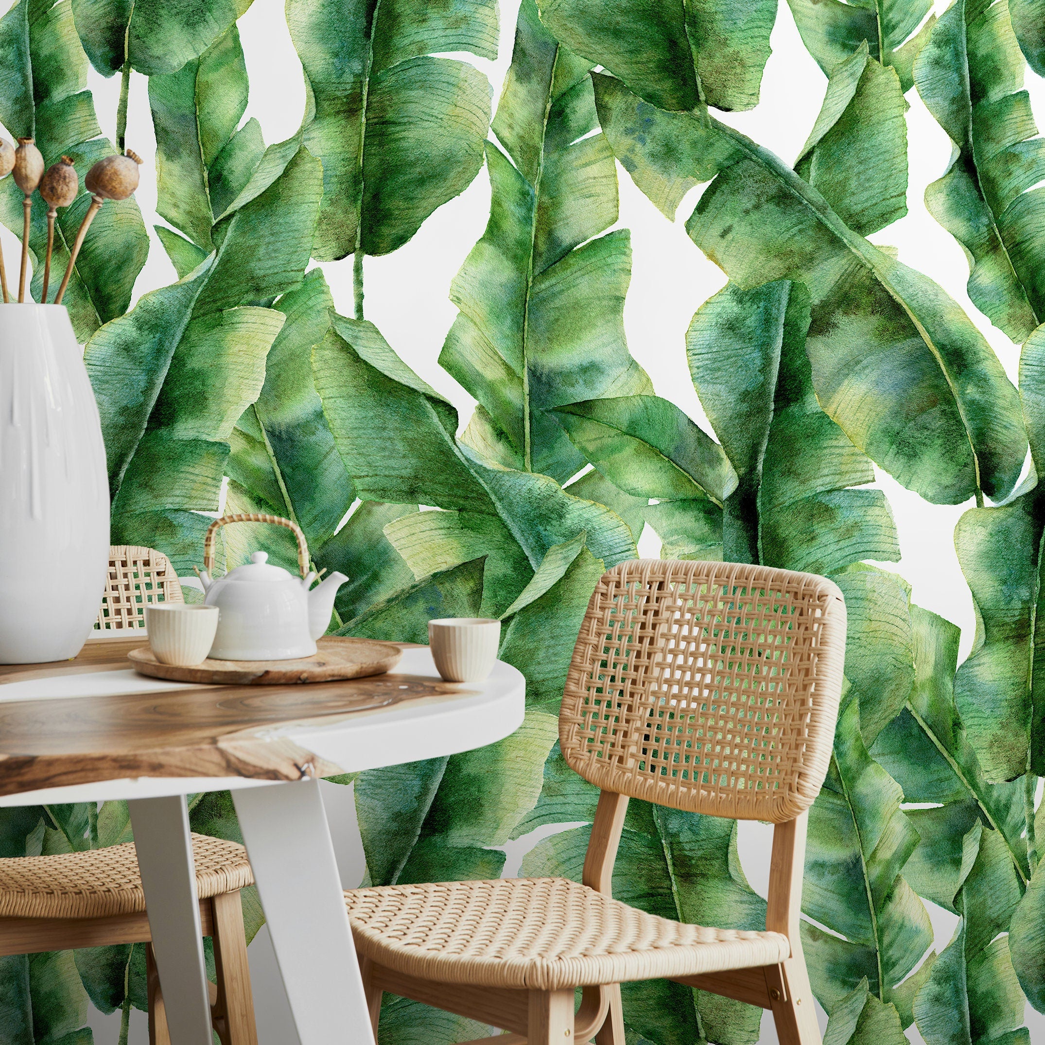 Botanical Wallpaper With Watercolor Banana Leaves In Green And Yellow - A132