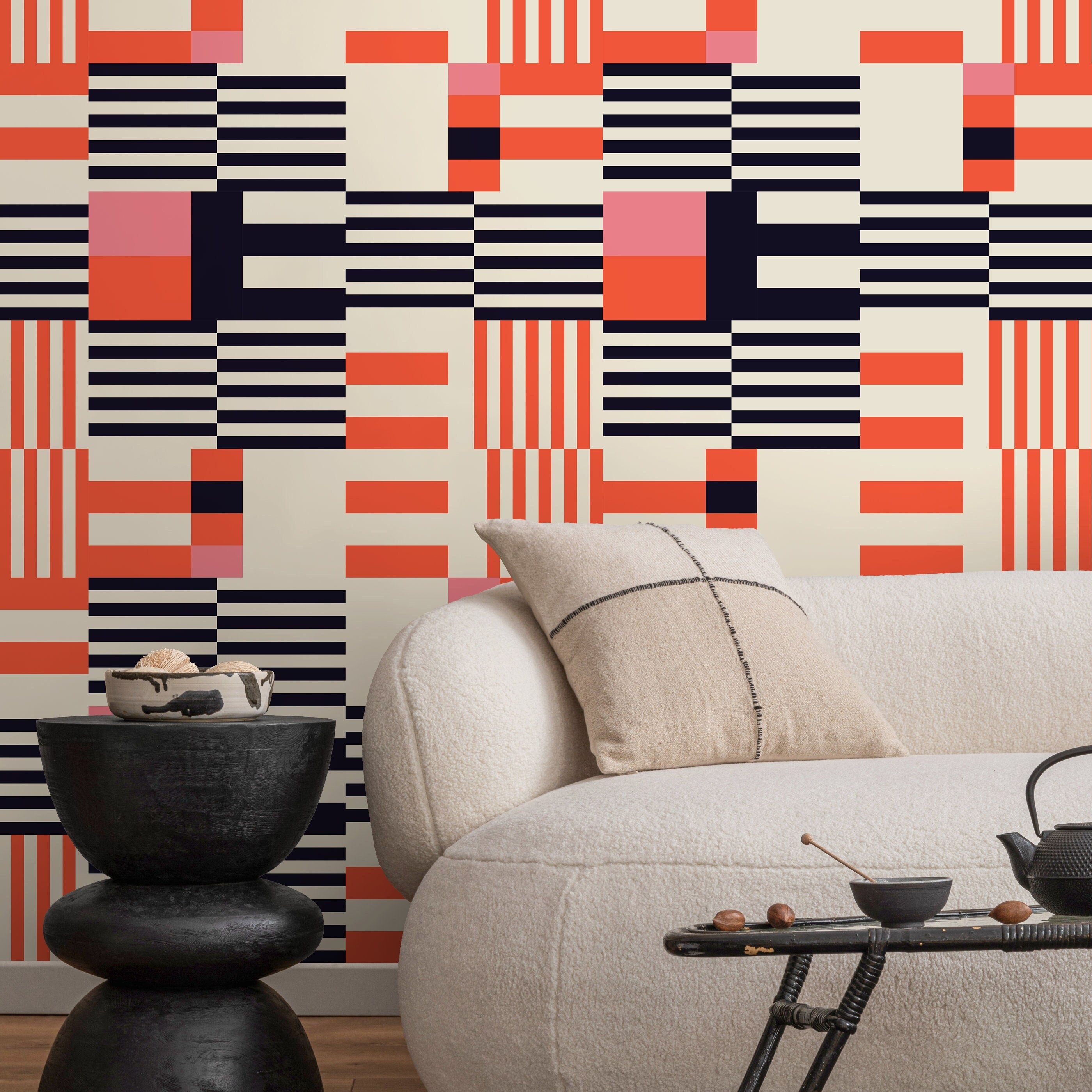 Geometric Wallpaper With A Modern Block And Stripe Motif In Black, Orange, And Pink - D848