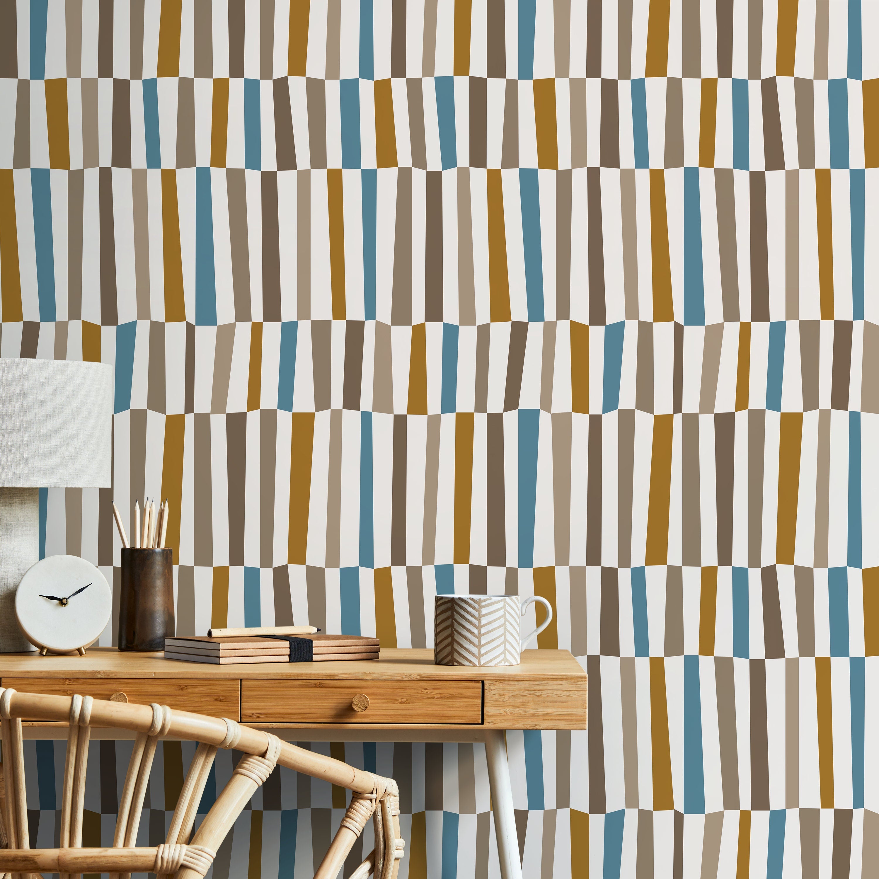 Mid Century Wallpaper With An Abstract Vertical Block Pattern In Blue, Brown, And Mustard - D851