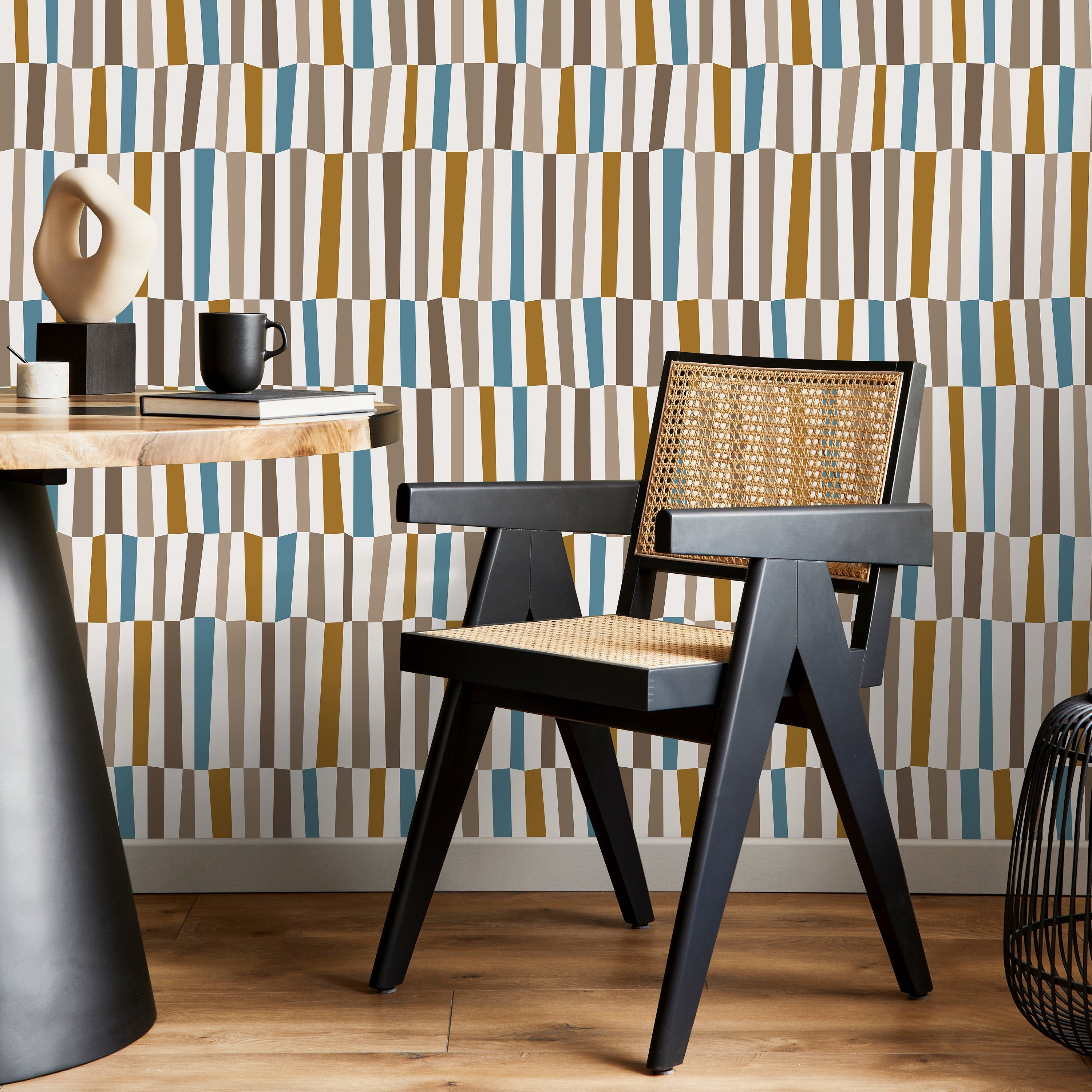 Mid Century Wallpaper With An Abstract Vertical Block Pattern In Blue, Brown, And Mustard - D851