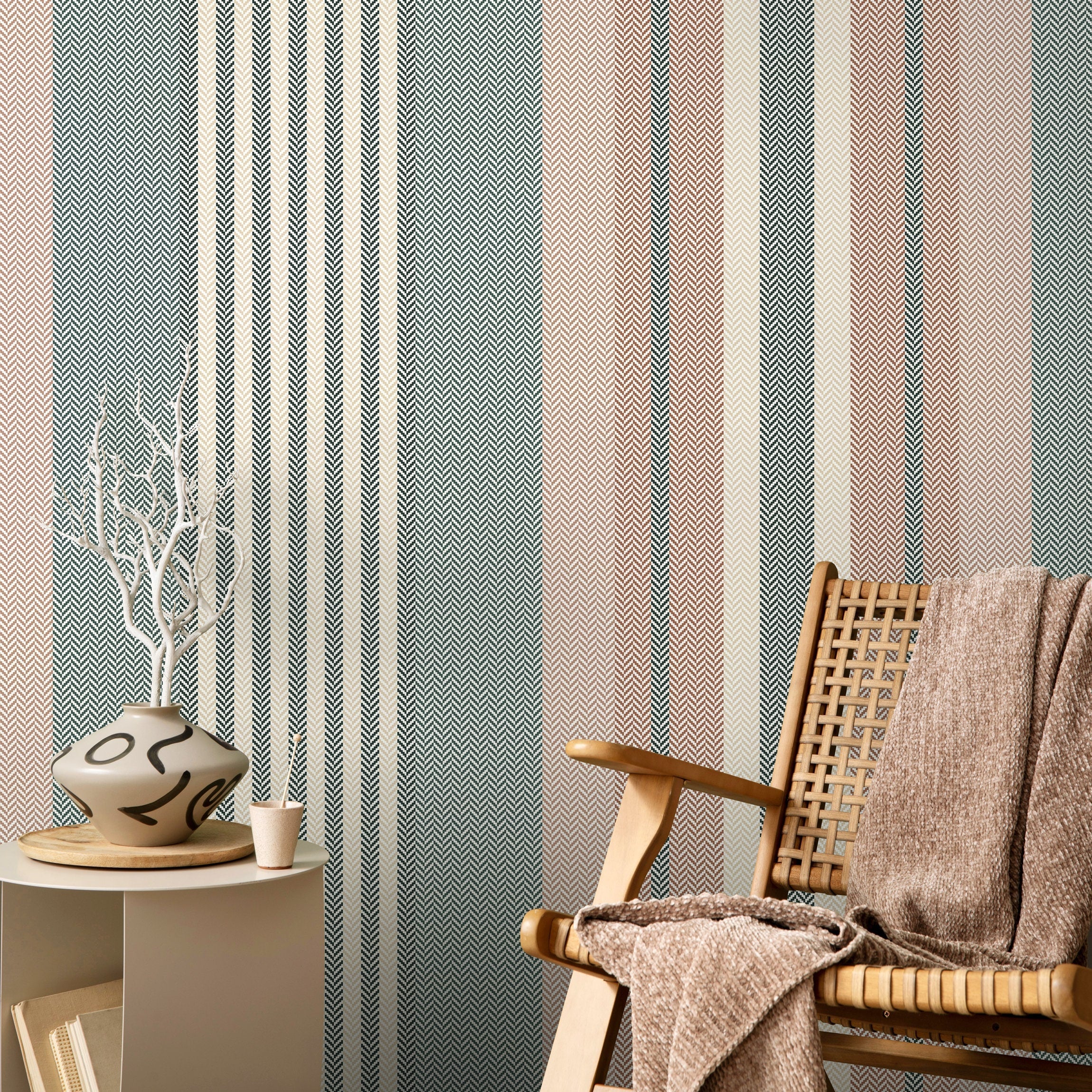 Geometric Wallpaper With Herringbone Stripes In Teal, Terracotta, And Beige - D849