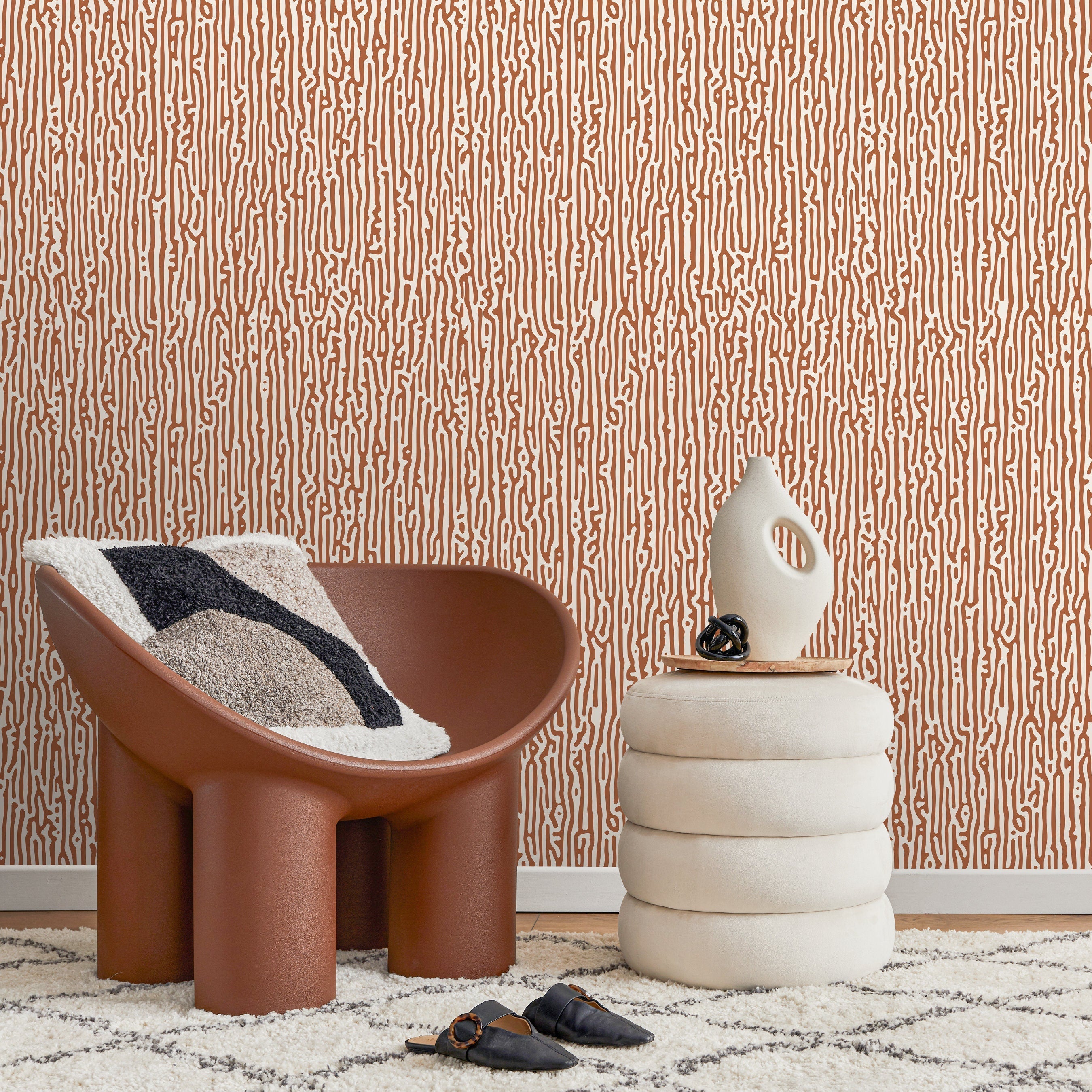 Abstract Wallpaper With Organic Wavy Lines In Terracotta And Cream - D854