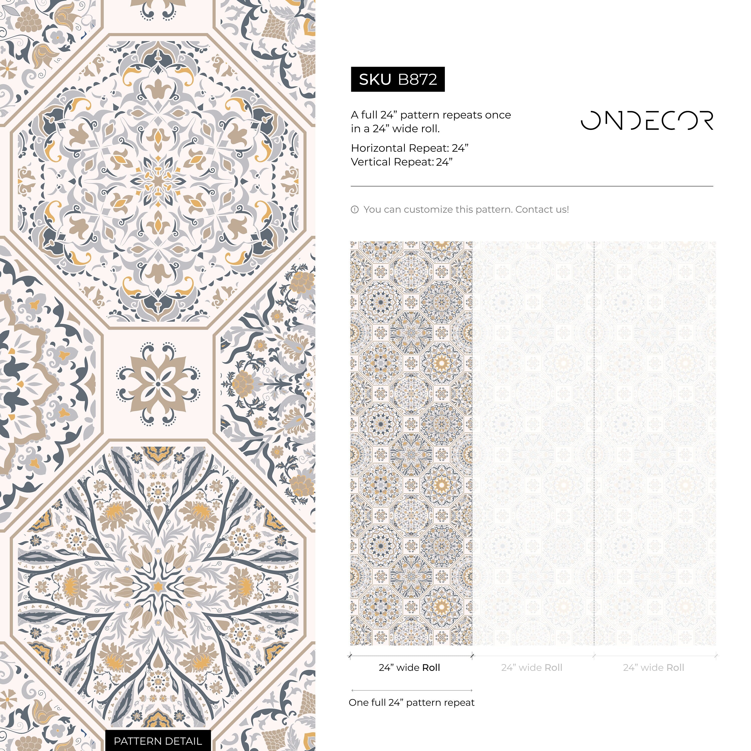 Tile Wallpaper With Intricate Mandala Motifs In Blue, Yellow, And Beige - B872