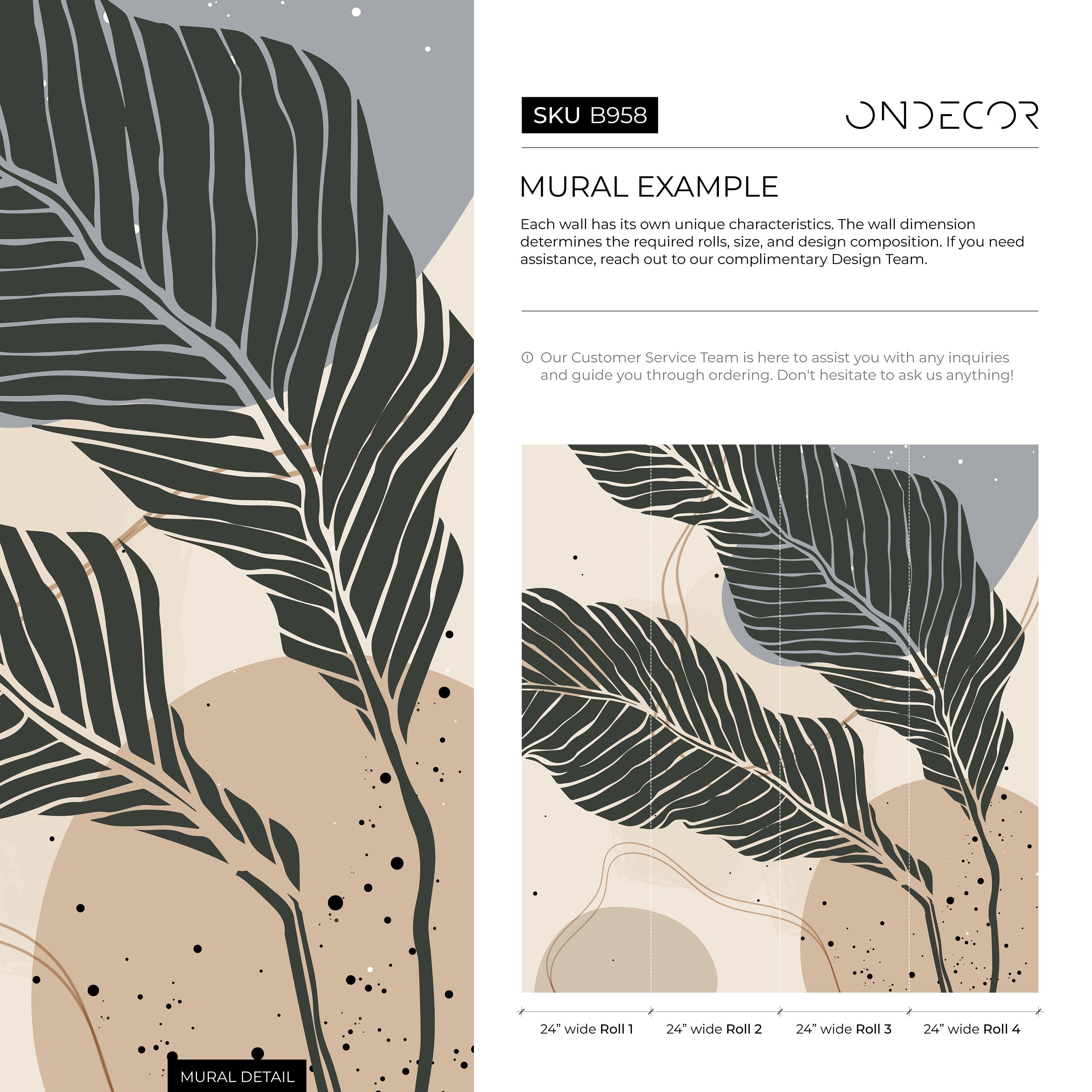 Botanical Wallpaper With Large Stylized Leaves In Charcoal, Beige, And Grey - B958