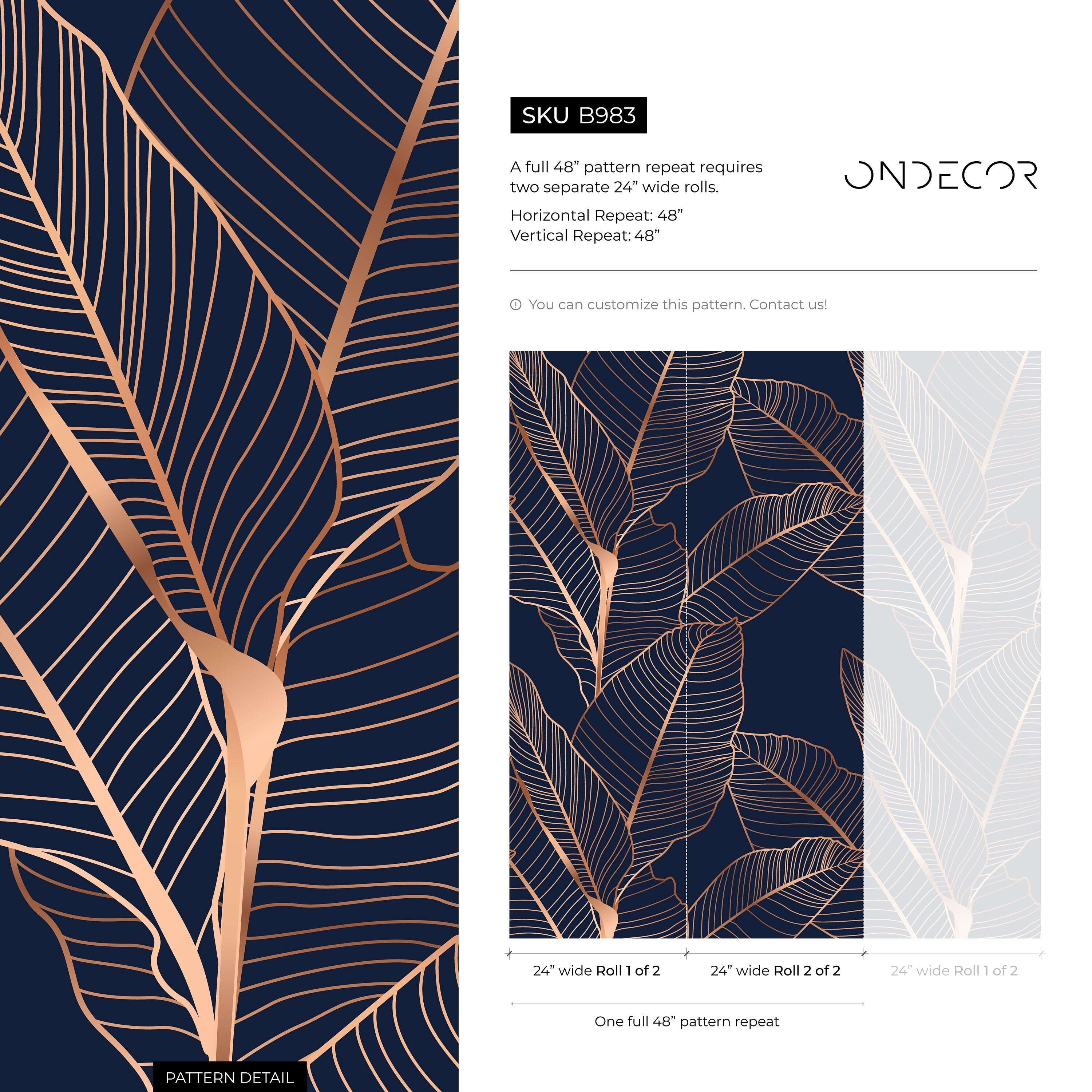 Botanical Wallpaper With An Elegant Leaf Motif In Navy Blue And Gold - B983