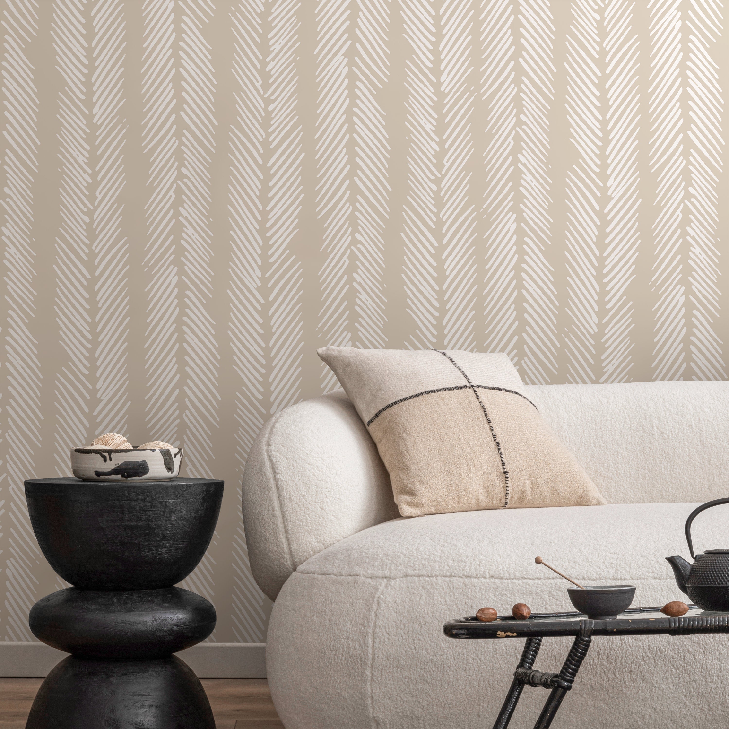 Herringbone Wallpaper With A Sketched Stripe Motif In Beige - D790