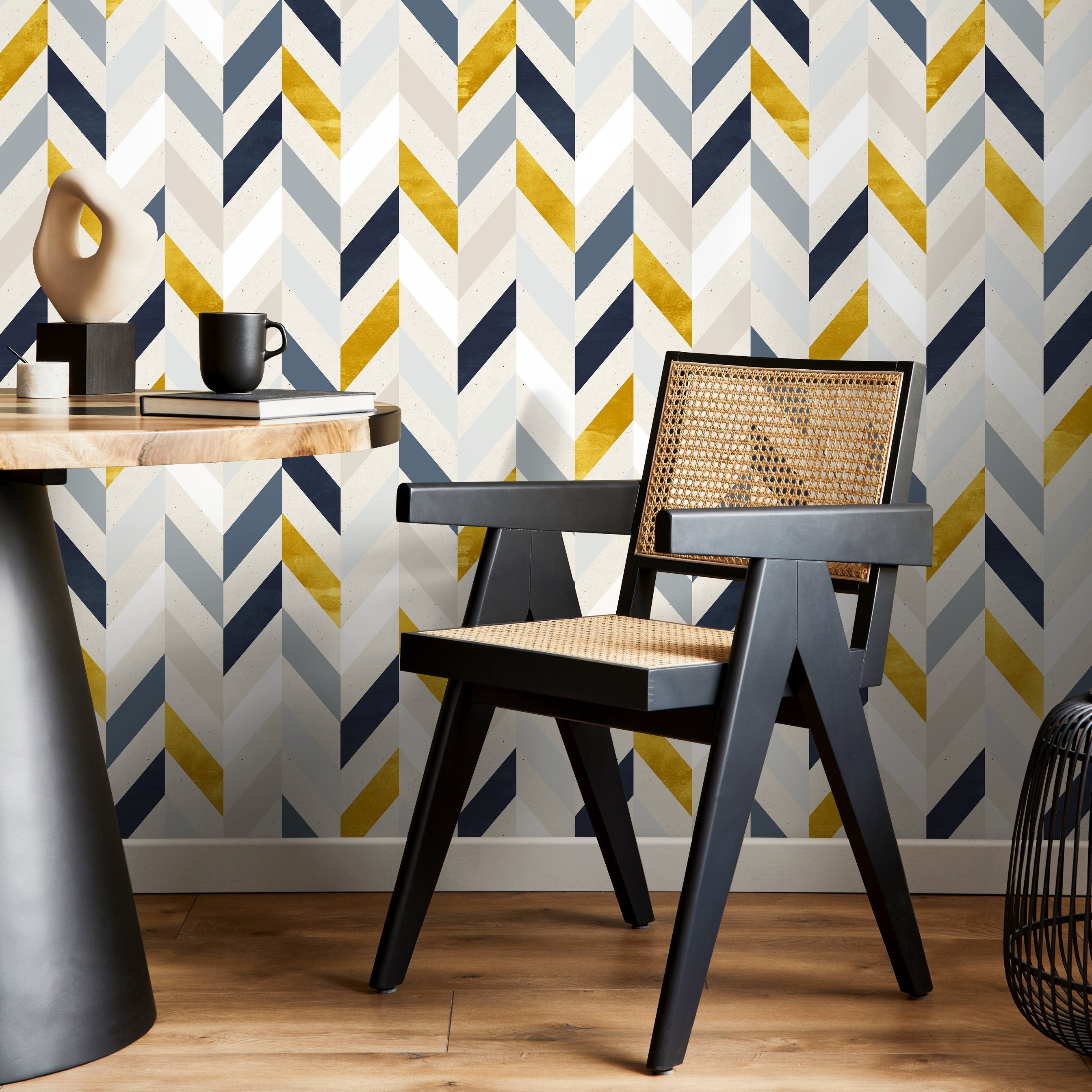 Herringbone Wallpaper With A Modern Chevron Motif In Blue, Gold, And Grey - A104