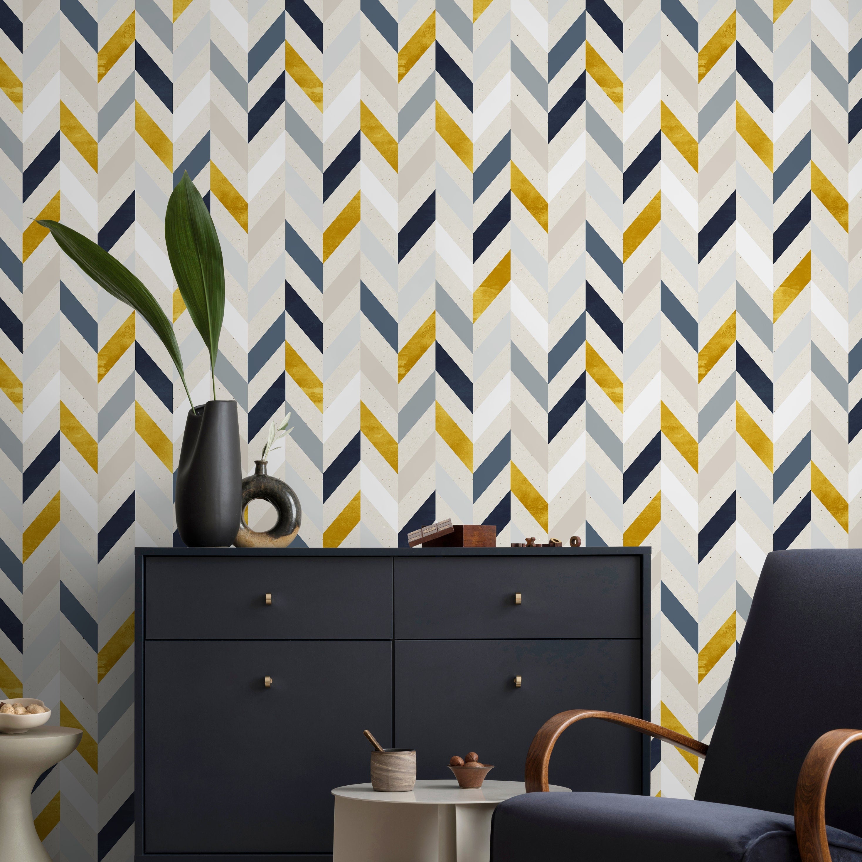 Herringbone Wallpaper With A Modern Chevron Motif In Blue, Gold, And Grey - A104
