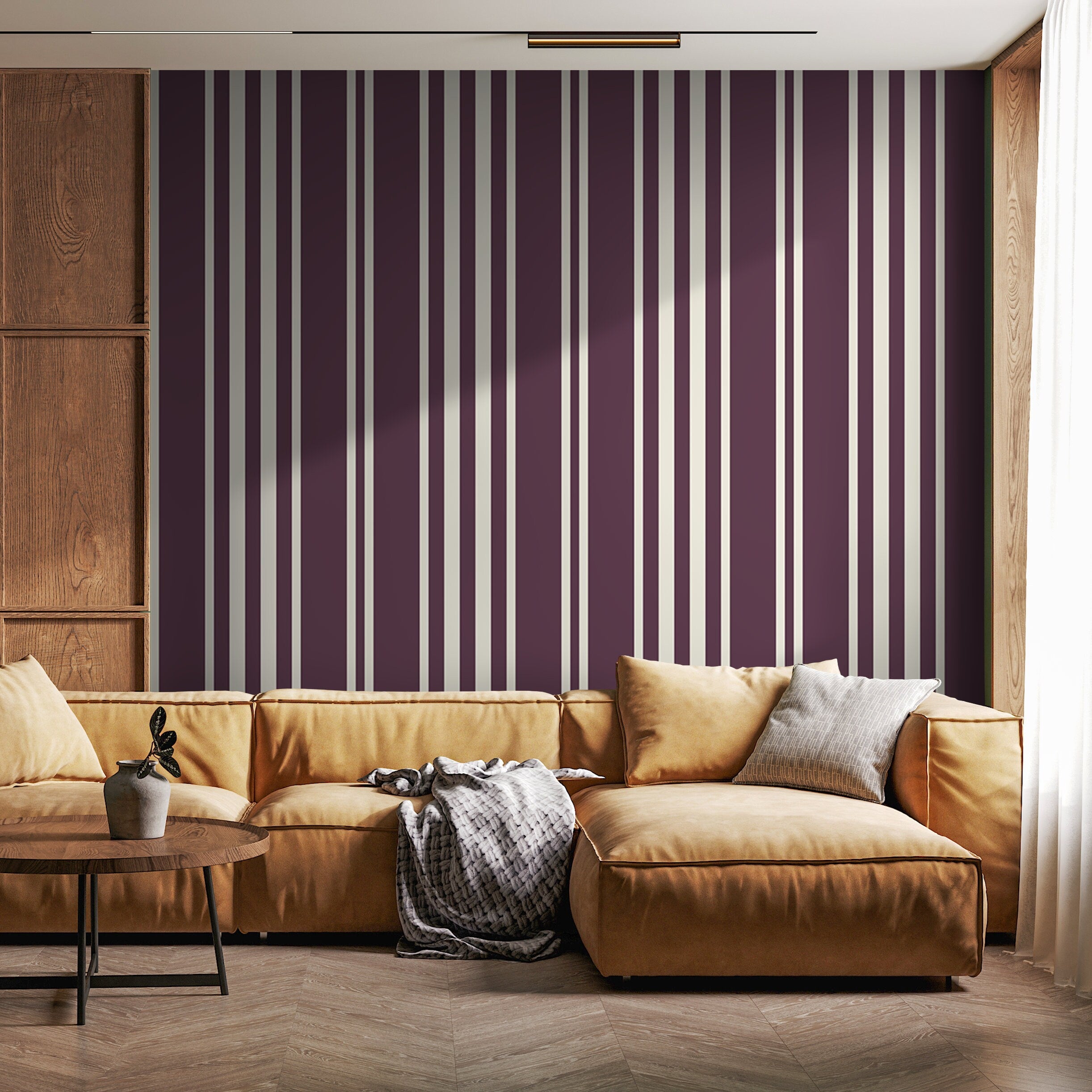 Striped Wallpaper With Vertical Lines In Purple And Cream - D787